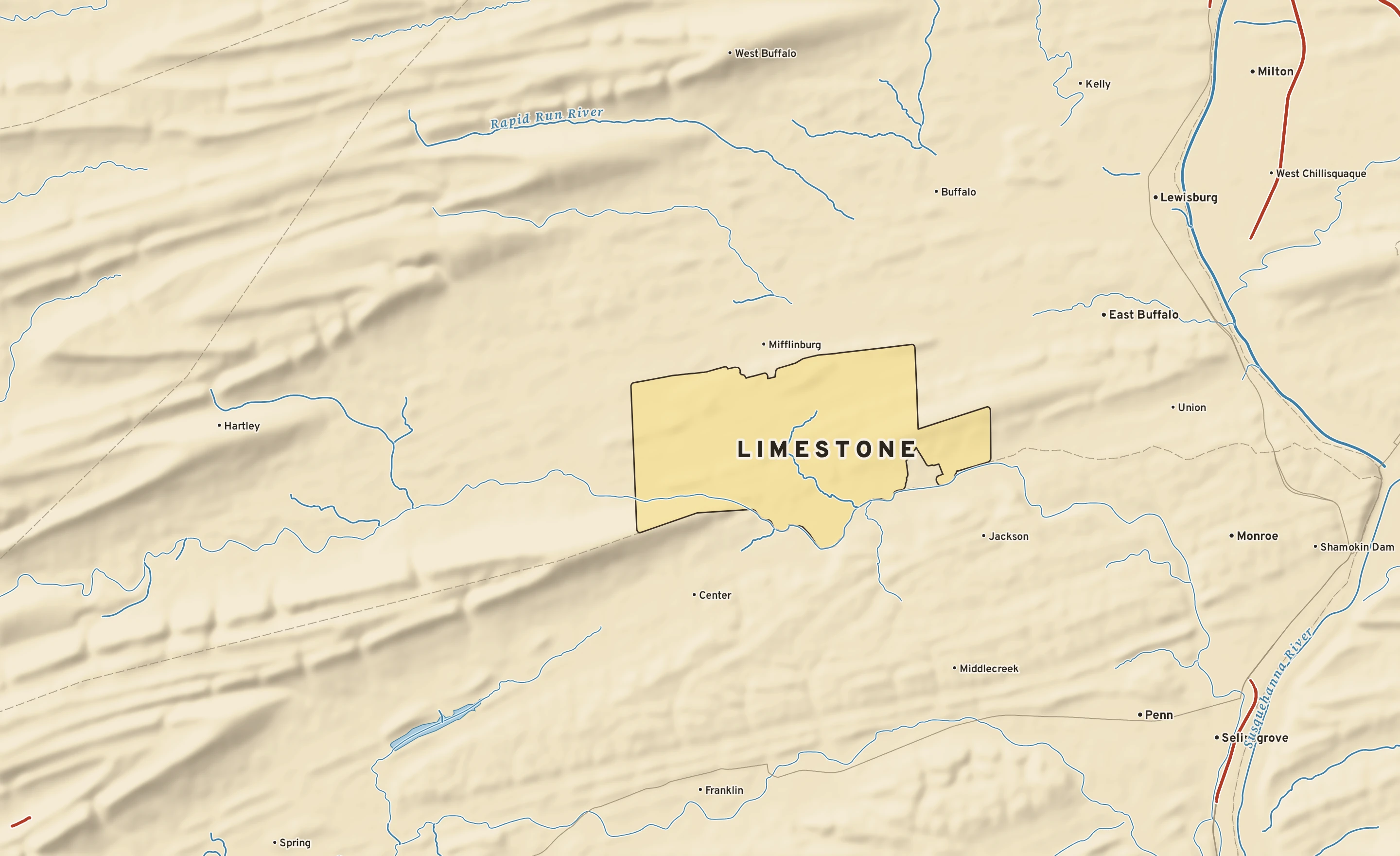 Shaded-relief atlas plate of Limestone, Pennsylvania: rivers, roads, the city limits and where the water drains.