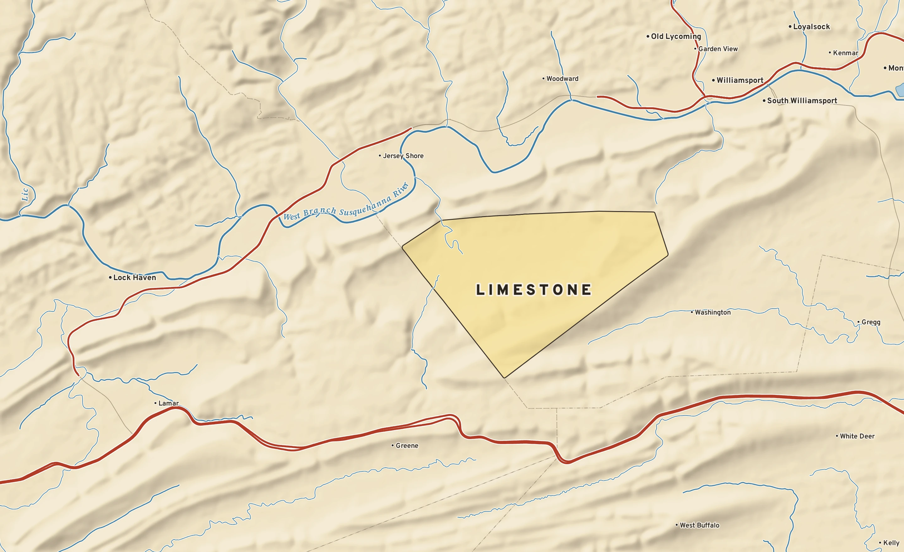 Shaded-relief atlas plate of Limestone, Pennsylvania: rivers, roads, the city limits and where the water drains.