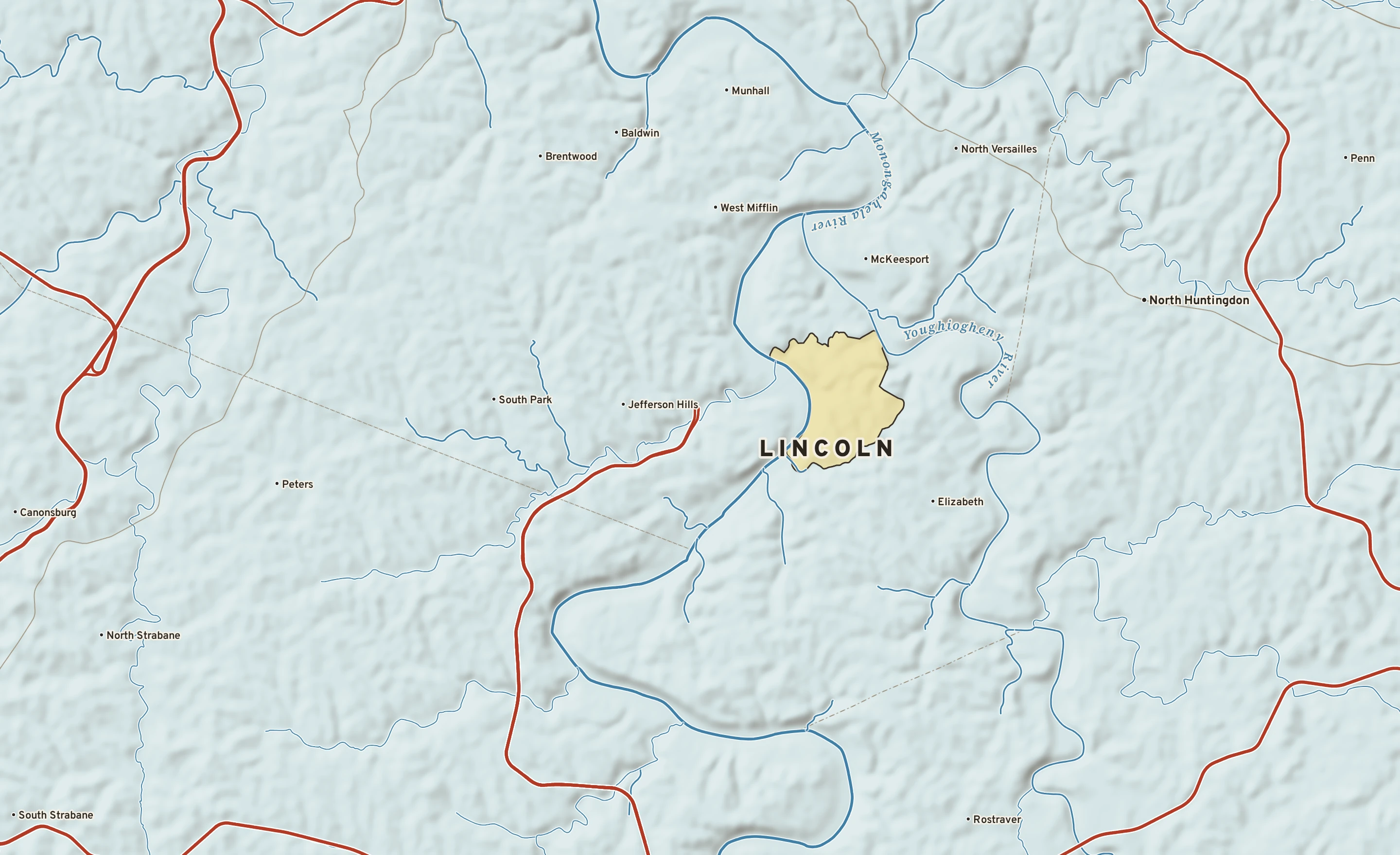 Shaded-relief atlas plate of Lincoln, Pennsylvania: rivers, roads, the city limits and where the water drains.