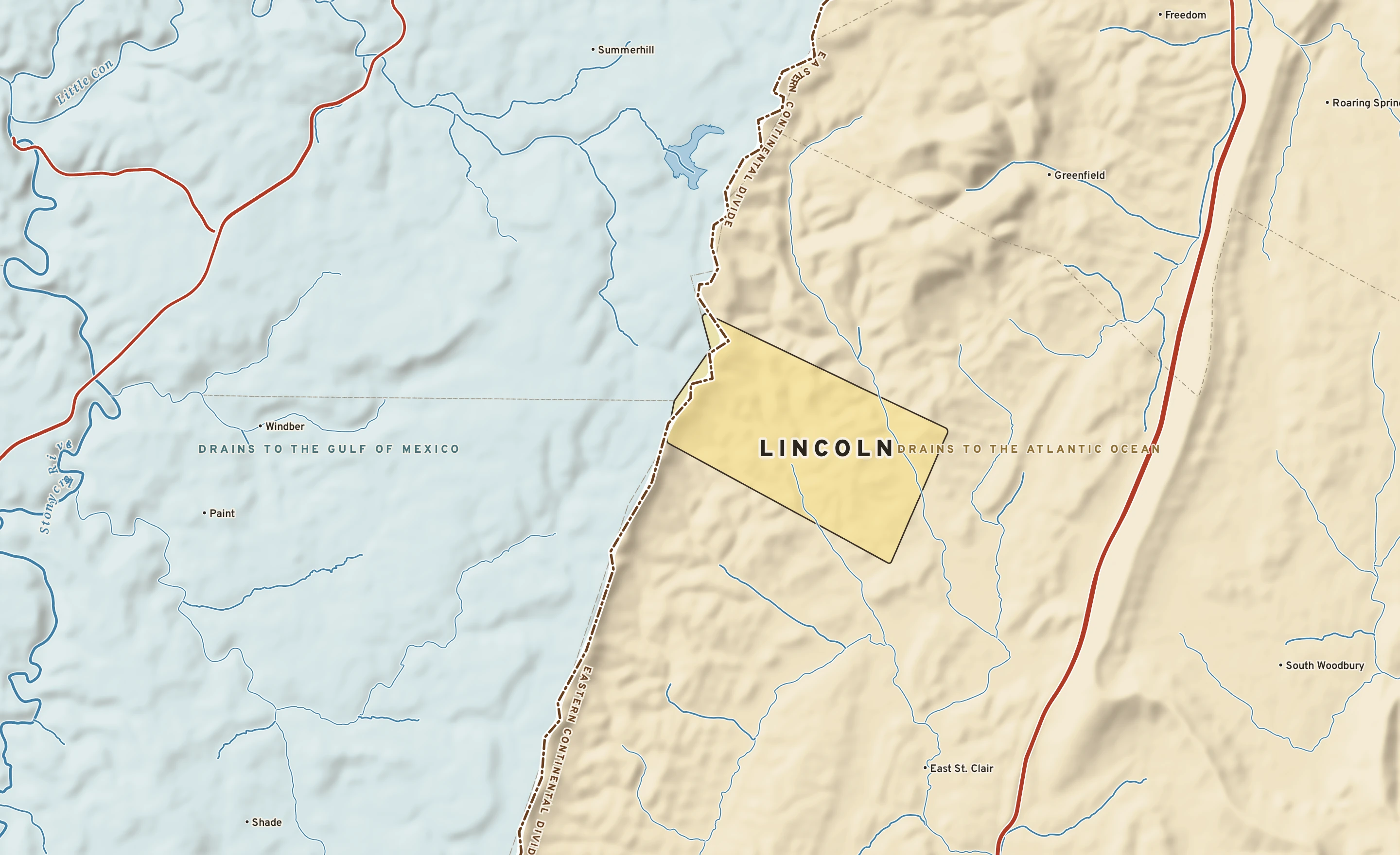 Shaded-relief atlas plate of Lincoln, Pennsylvania: rivers, roads, the city limits and where the water drains.