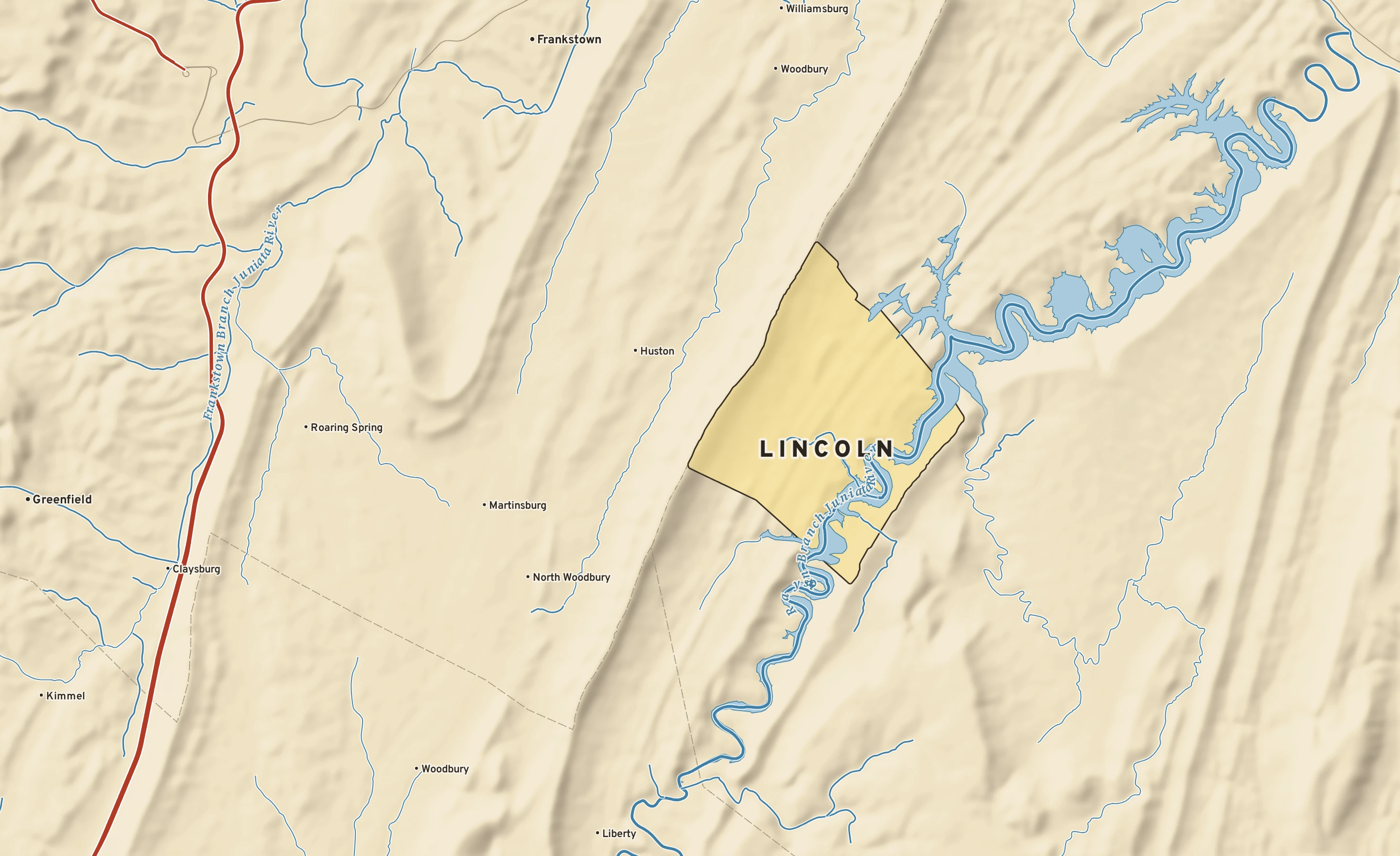 Shaded-relief atlas plate of Lincoln, Pennsylvania: rivers, roads, the city limits and where the water drains.