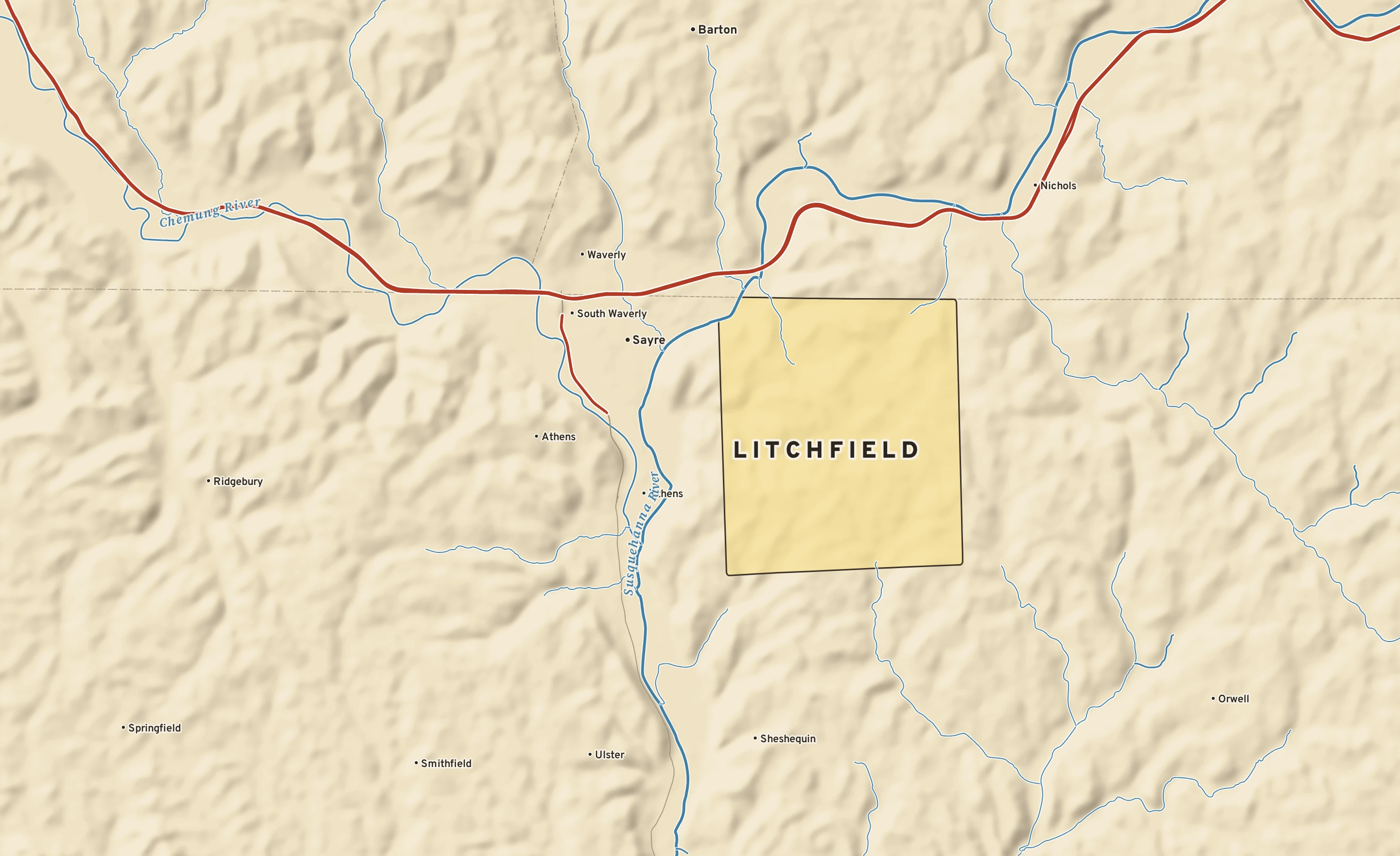 Shaded-relief atlas plate of Litchfield, Pennsylvania: rivers, roads, the city limits and where the water drains.