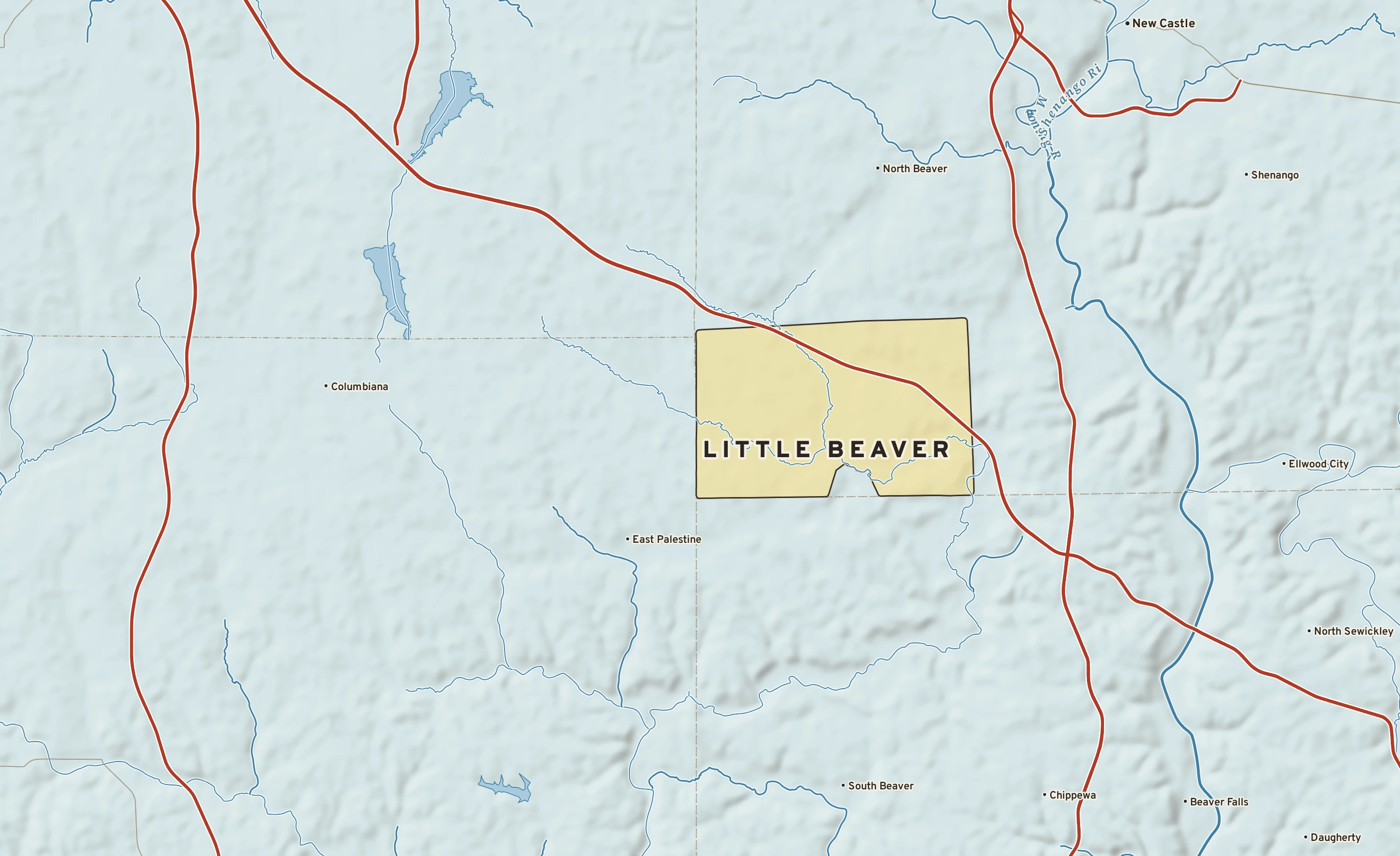 Shaded-relief atlas plate of Little Beaver, Pennsylvania: rivers, roads, the city limits and where the water drains.