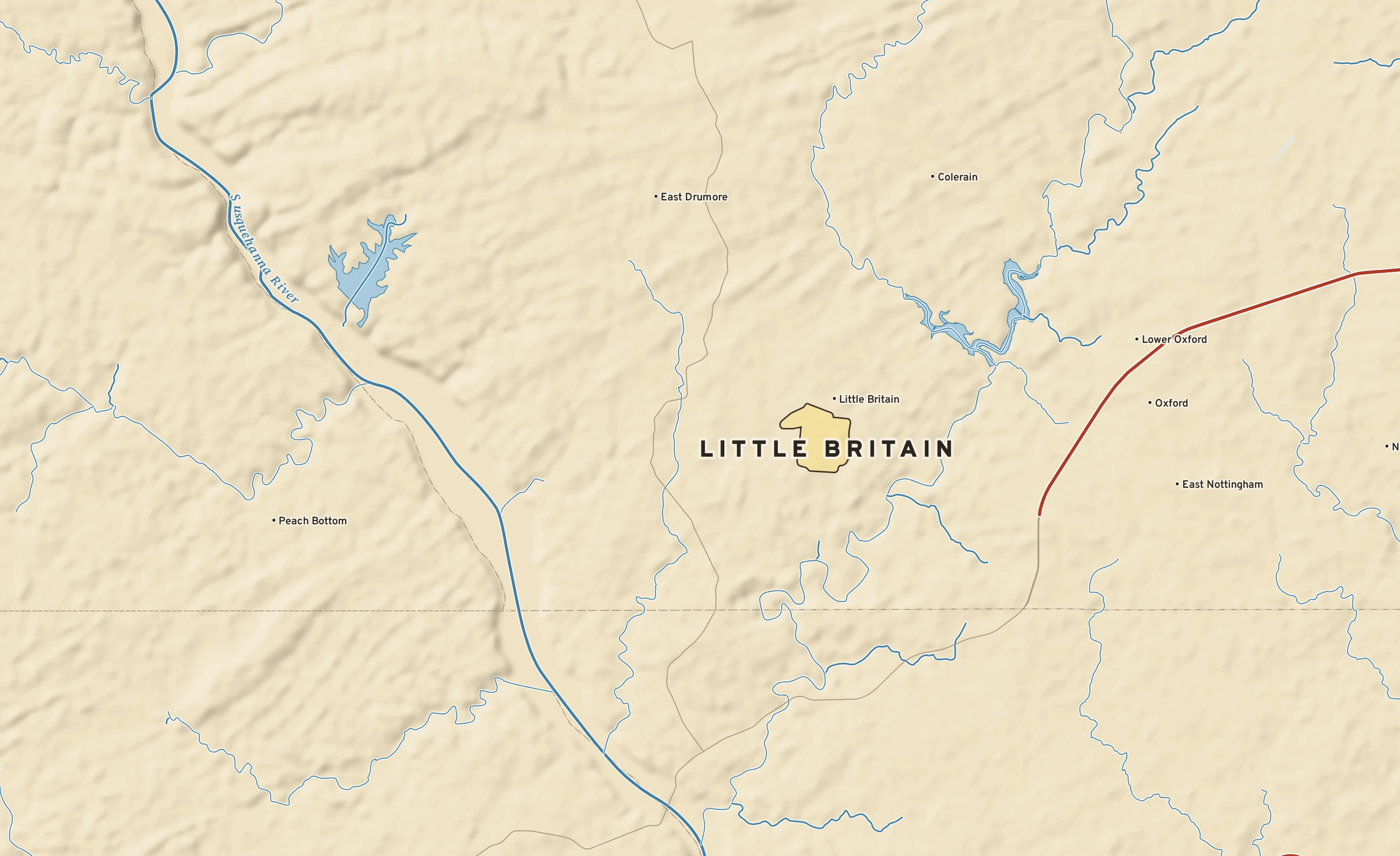 Shaded-relief atlas plate of Little Britain, Pennsylvania: rivers, roads, the city limits and where the water drains.