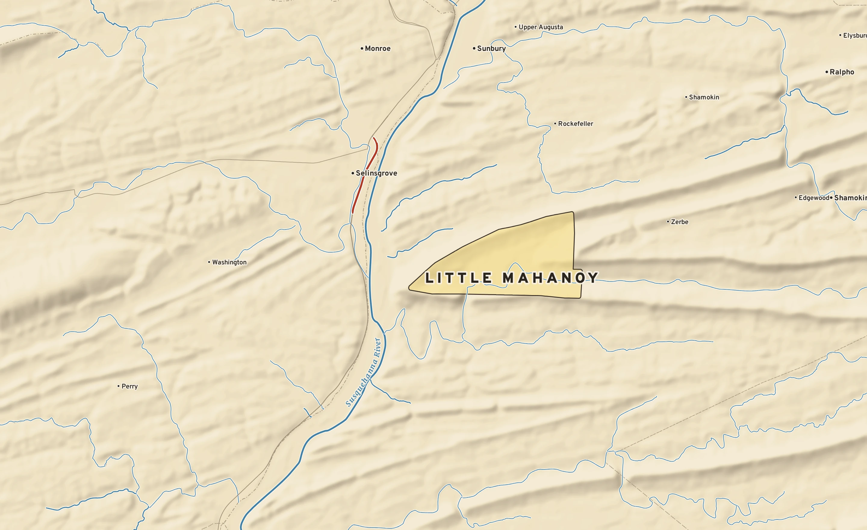 Shaded-relief atlas plate of Little Mahanoy, Pennsylvania: rivers, roads, the city limits and where the water drains.