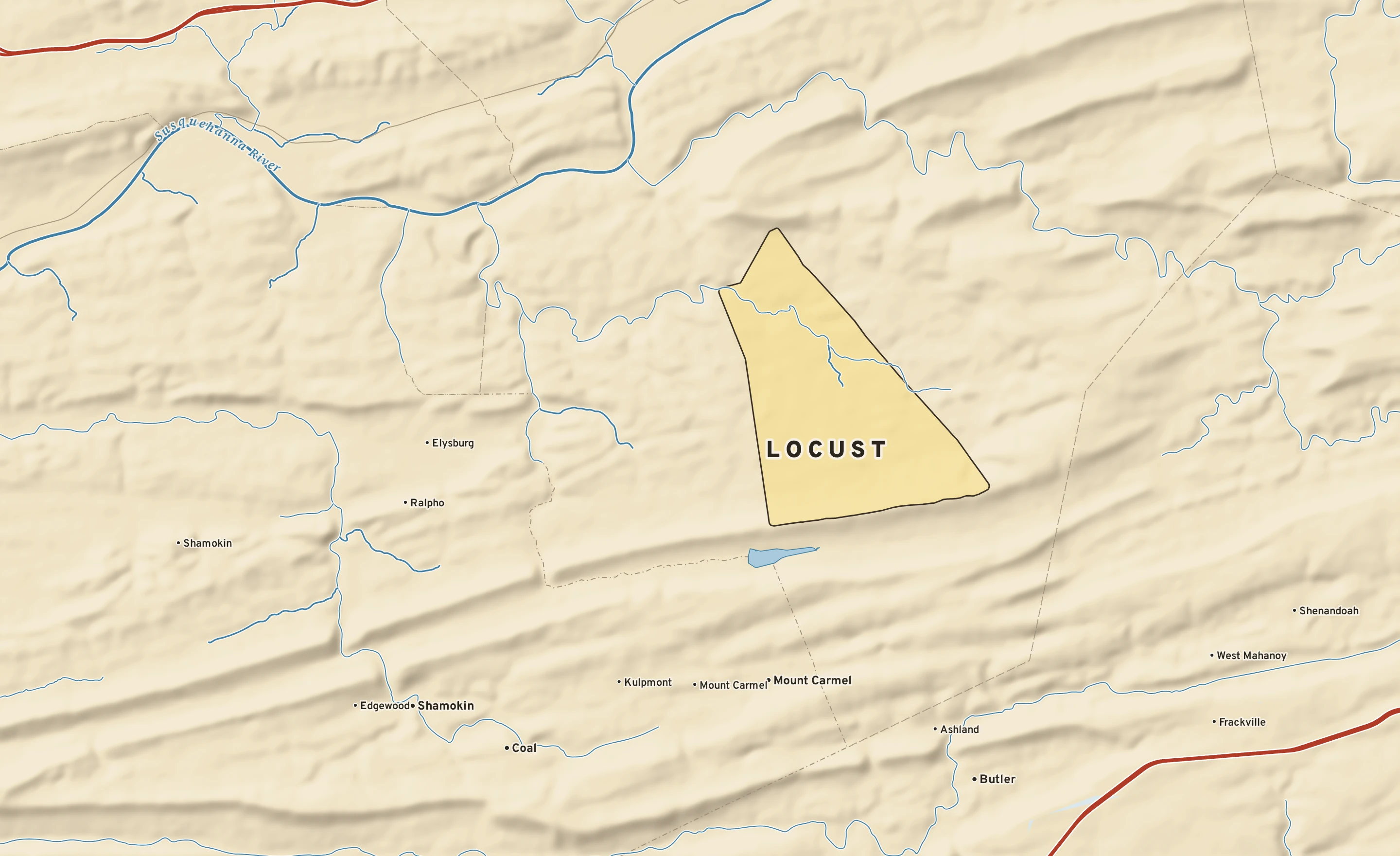 Shaded-relief atlas plate of Locust, Pennsylvania: rivers, roads, the city limits and where the water drains.