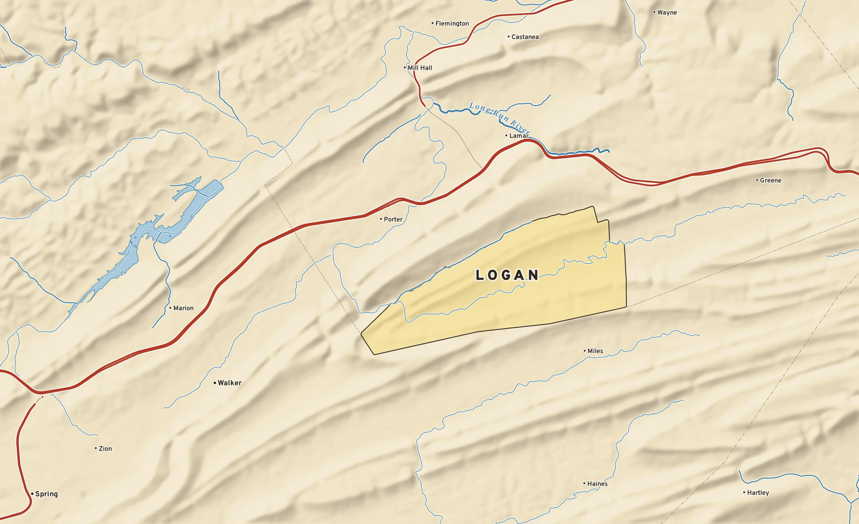 Shaded-relief atlas plate of Logan, Pennsylvania: rivers, roads, the city limits and where the water drains.