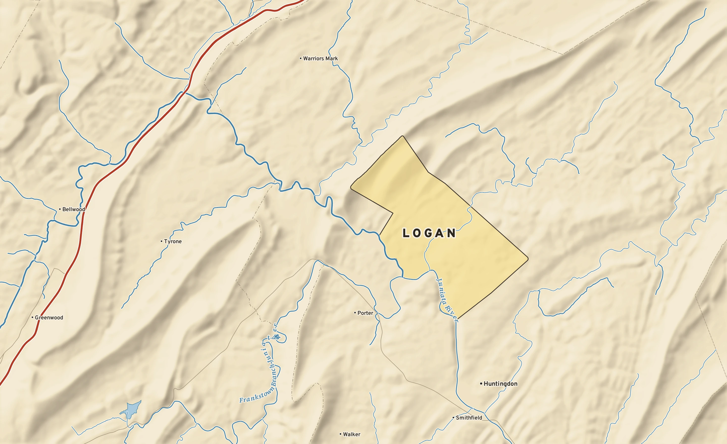 Shaded-relief atlas plate of Logan, Pennsylvania: rivers, roads, the city limits and where the water drains.