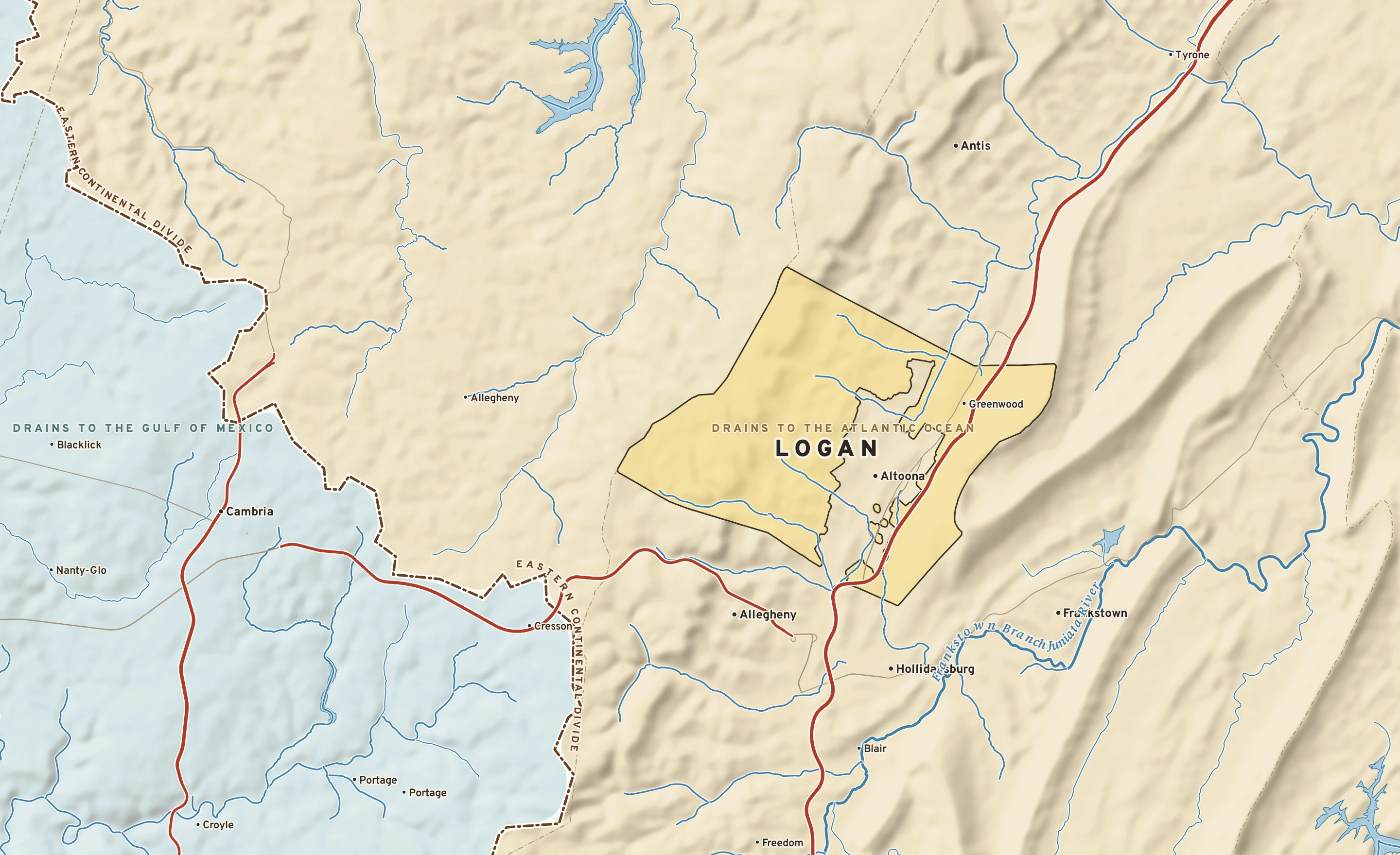 Shaded-relief atlas plate of Logan, Pennsylvania: rivers, roads, the city limits and where the water drains.