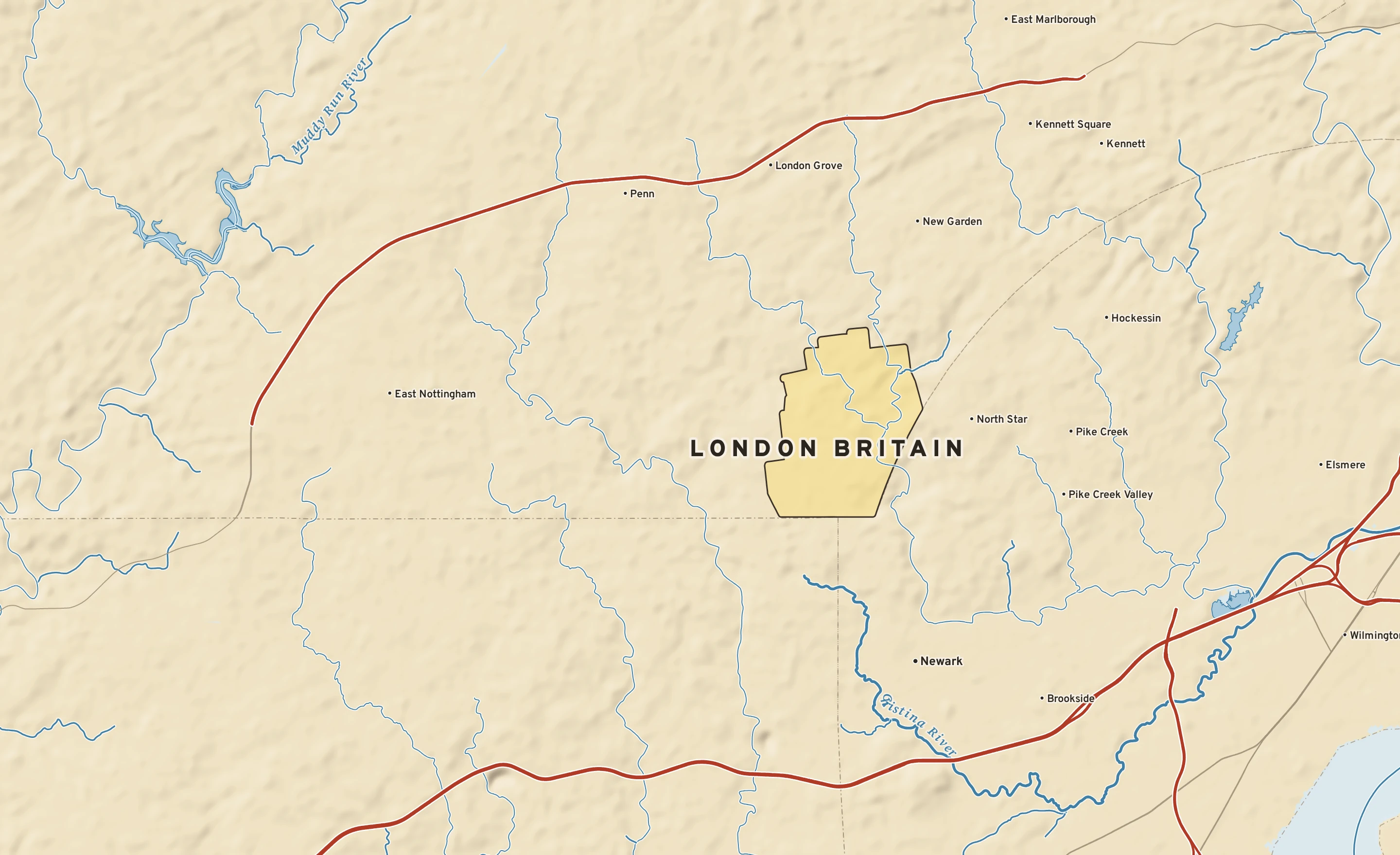 Shaded-relief atlas plate of London Britain, Pennsylvania: rivers, roads, the city limits and where the water drains.