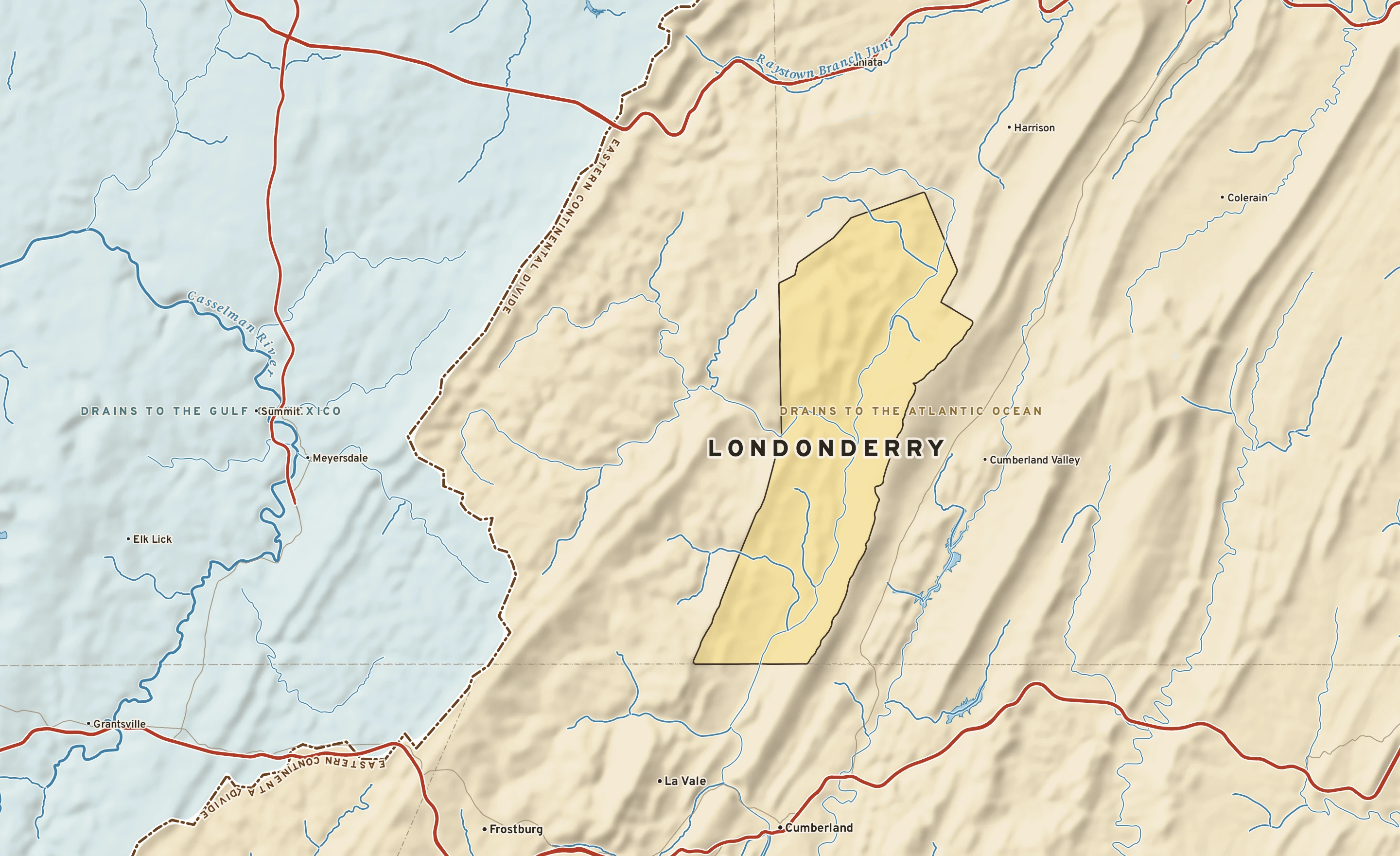 Shaded-relief atlas plate of Londonderry, Pennsylvania: rivers, roads, the city limits and where the water drains.
