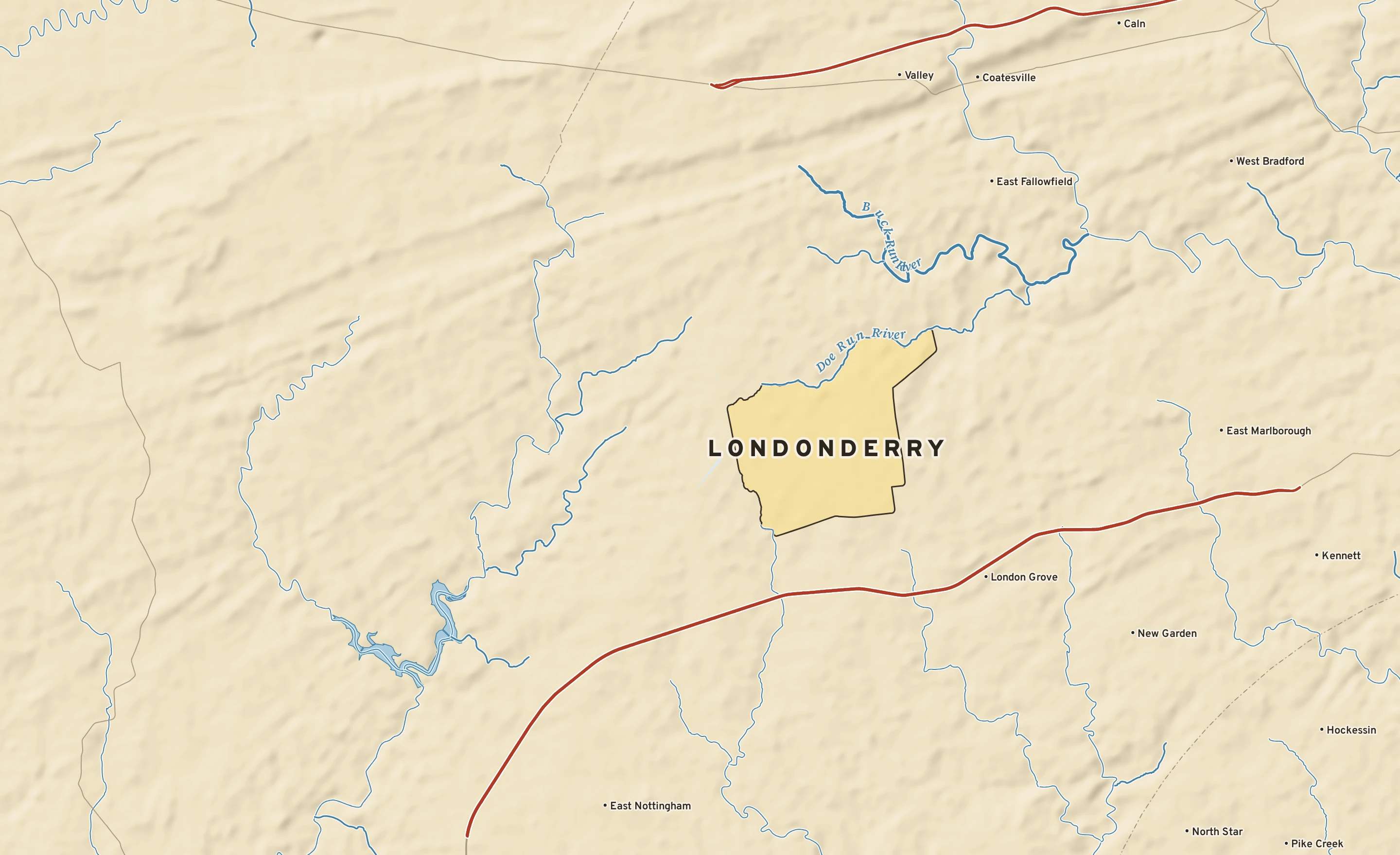 Shaded-relief atlas plate of Londonderry, Pennsylvania: rivers, roads, the city limits and where the water drains.