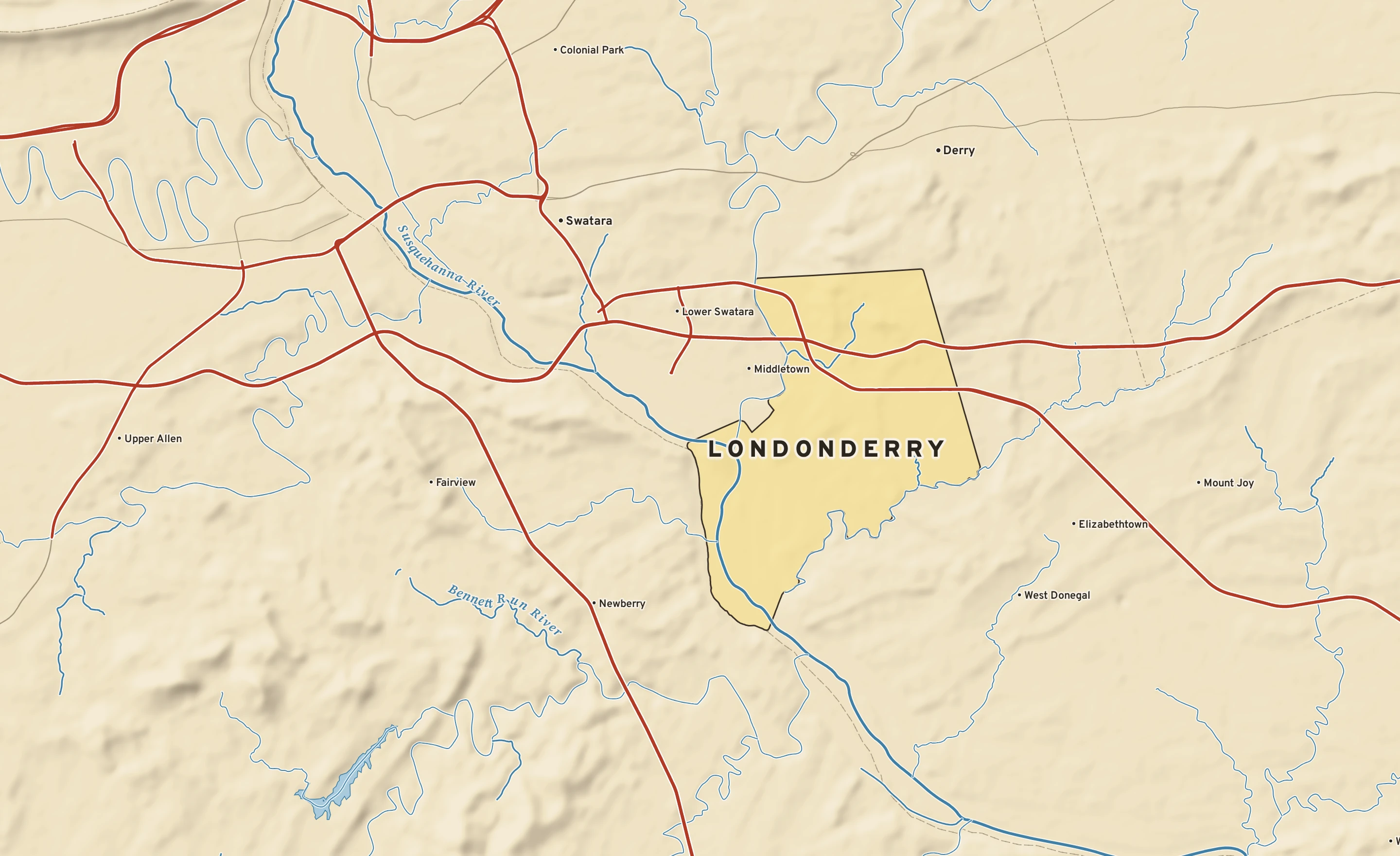 Shaded-relief atlas plate of Londonderry, Pennsylvania: rivers, roads, the city limits and where the water drains.