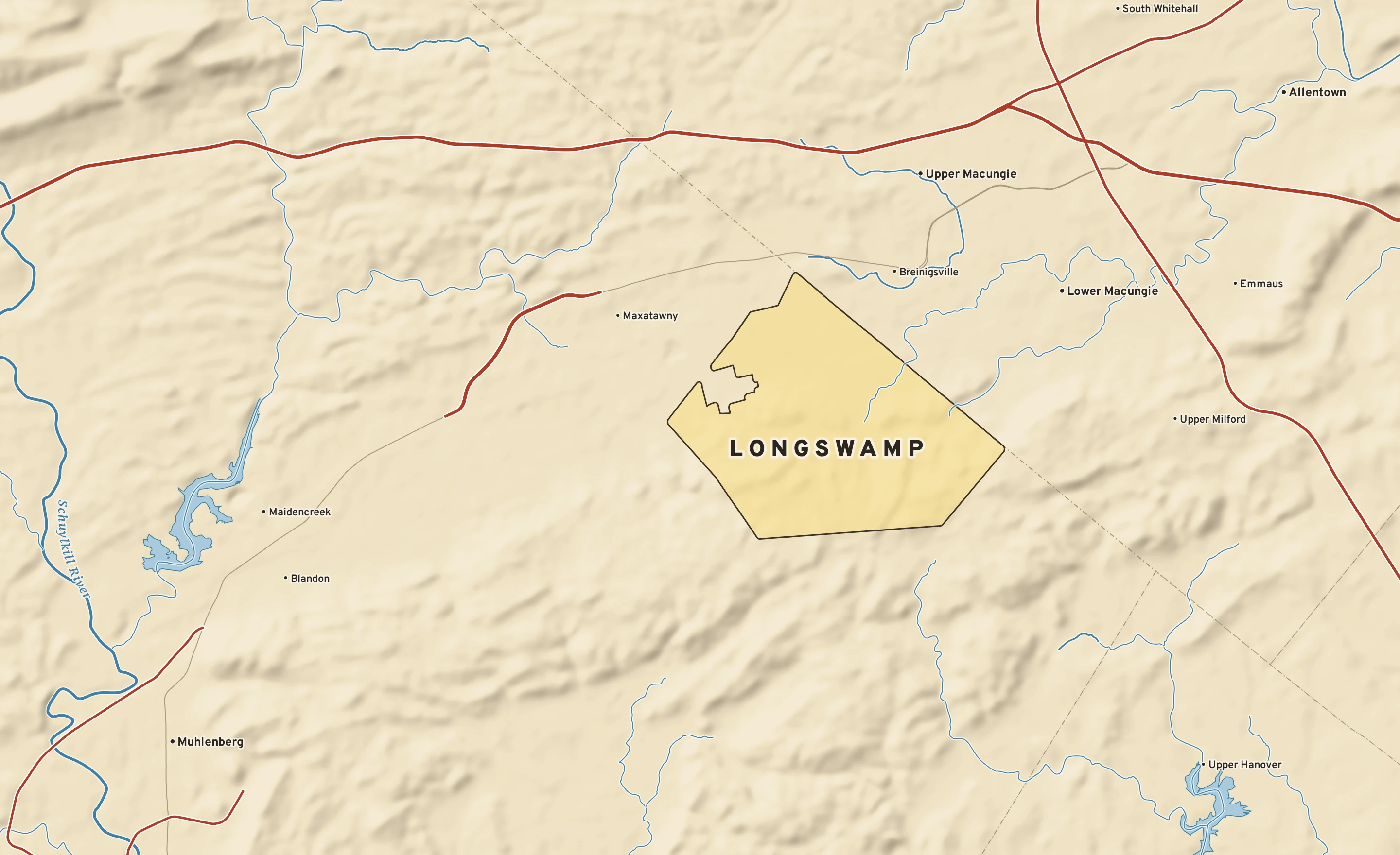 Shaded-relief atlas plate of Longswamp, Pennsylvania: rivers, roads, the city limits and where the water drains.