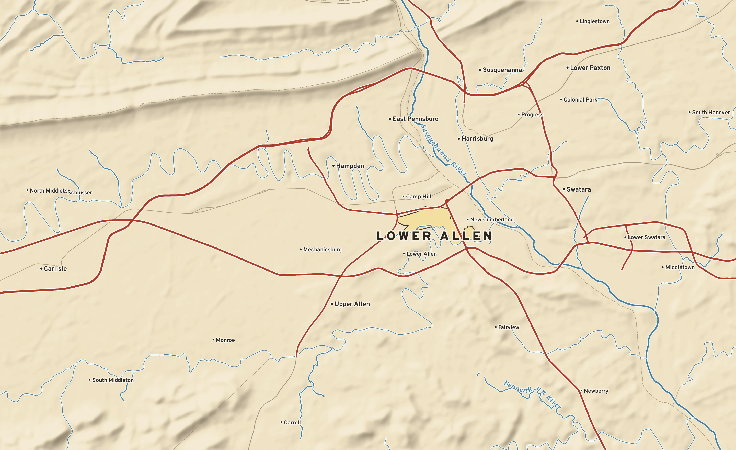 Shaded-relief atlas plate of Lower Allen, Pennsylvania: rivers, roads, the city limits and where the water drains.