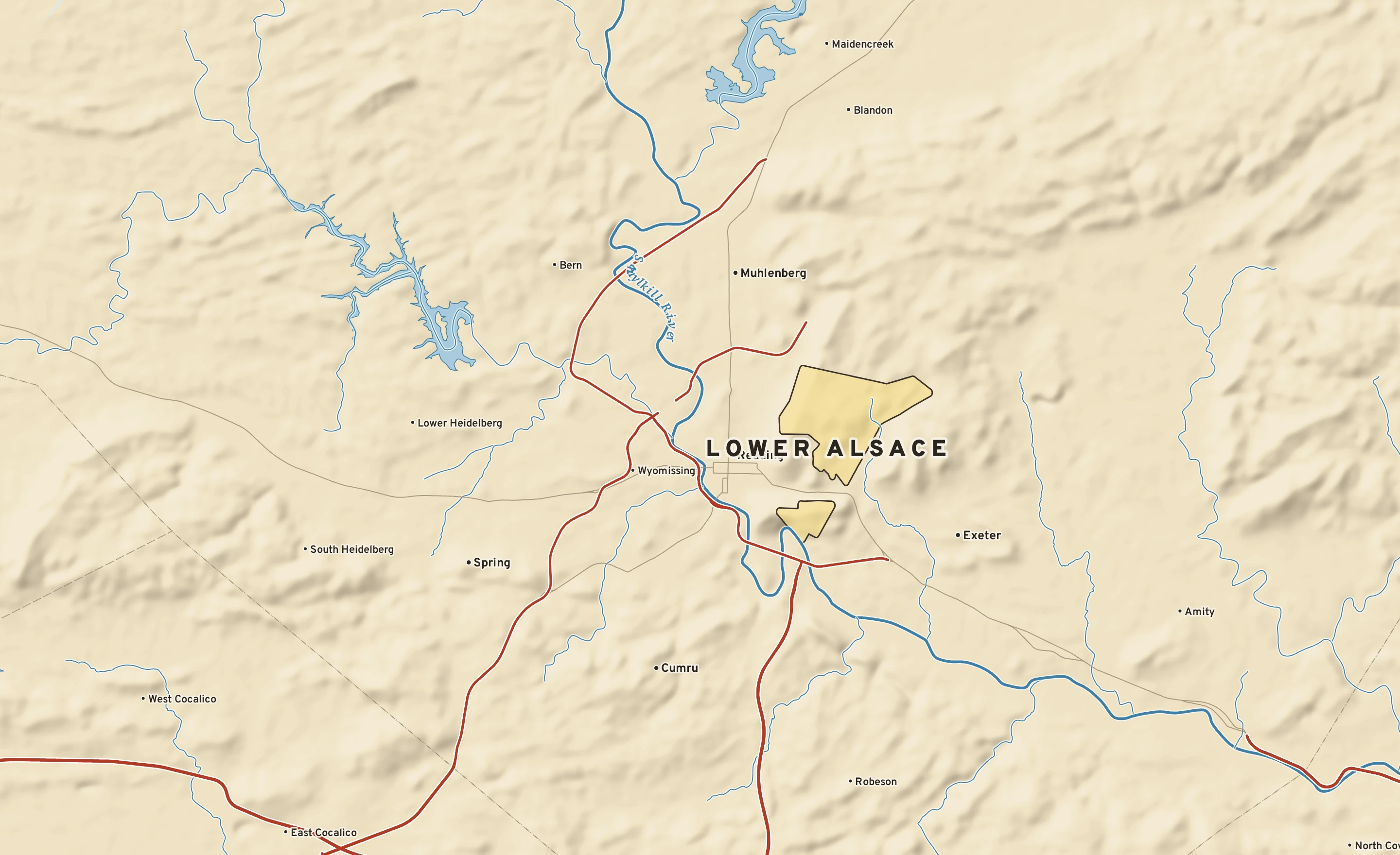 Shaded-relief atlas plate of Lower Alsace, Pennsylvania: rivers, roads, the city limits and where the water drains.