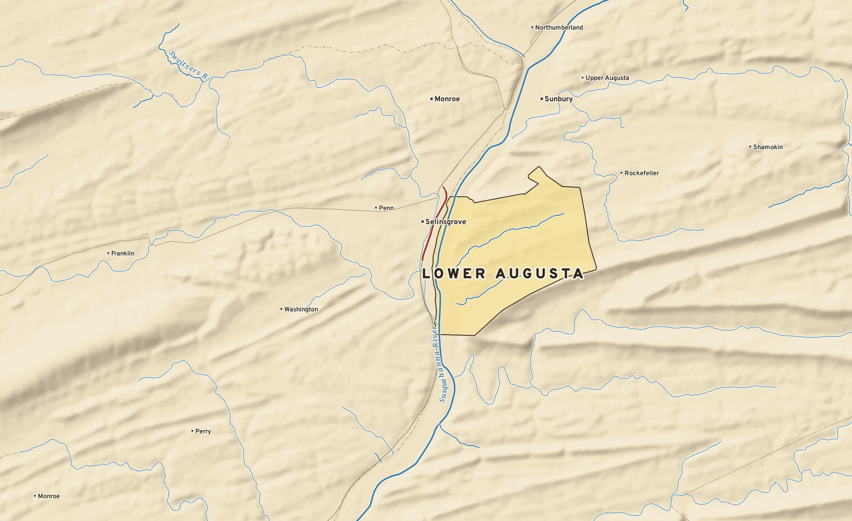 Shaded-relief atlas plate of Lower Augusta, Pennsylvania: rivers, roads, the city limits and where the water drains.
