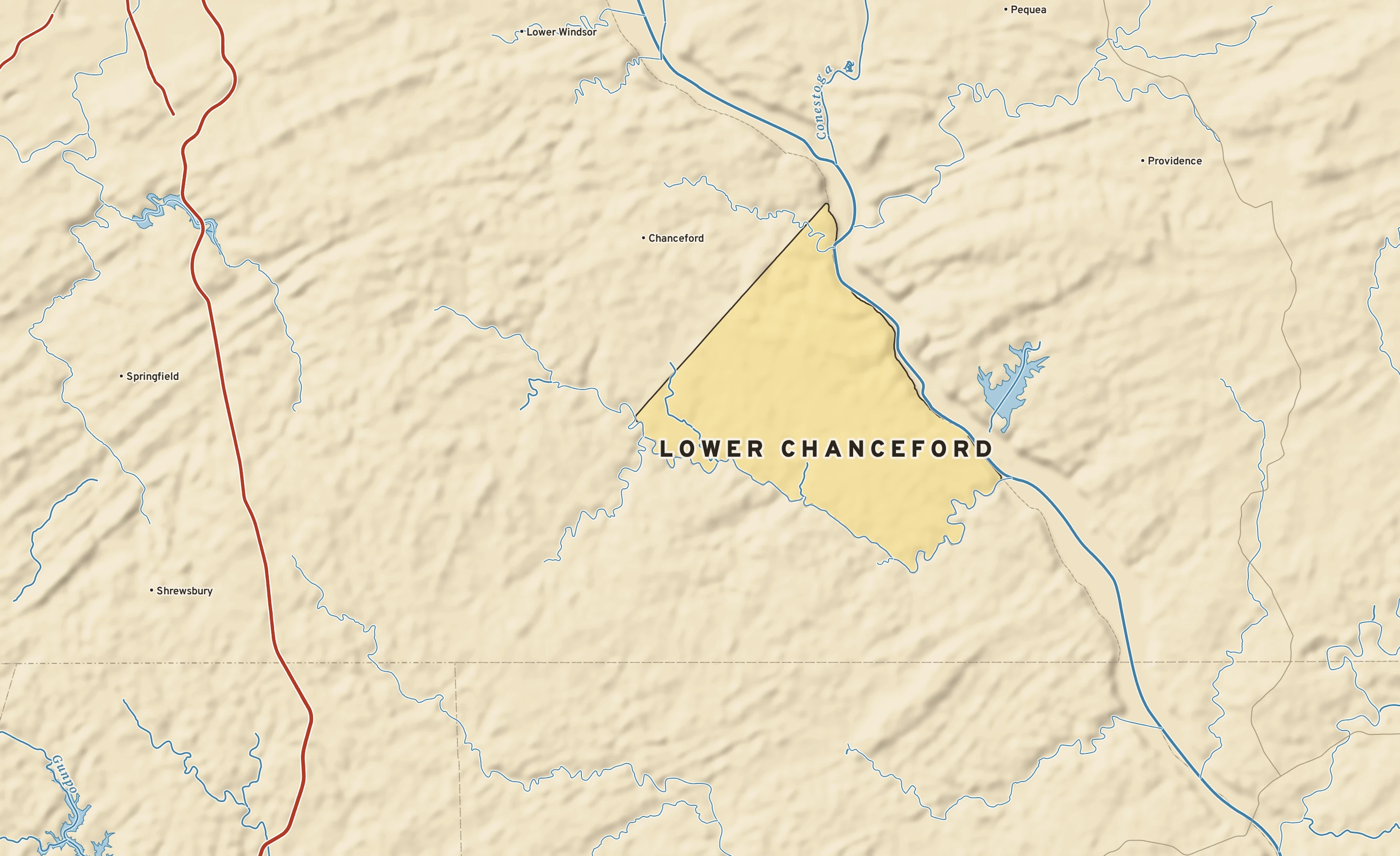 Shaded-relief atlas plate of Lower Chanceford, Pennsylvania: rivers, roads, the city limits and where the water drains.