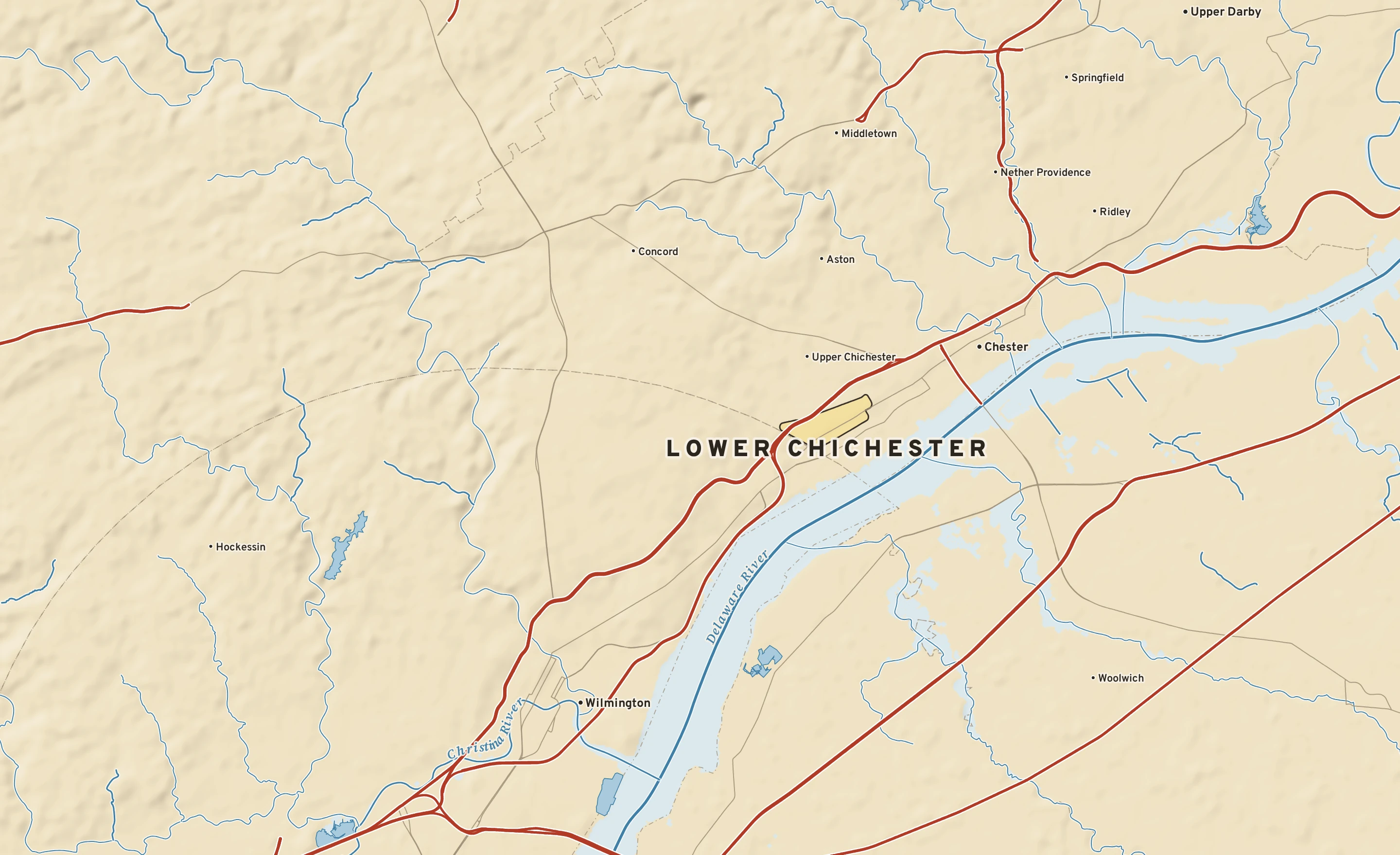 Shaded-relief atlas plate of Lower Chichester, Pennsylvania: rivers, roads, the city limits and where the water drains.