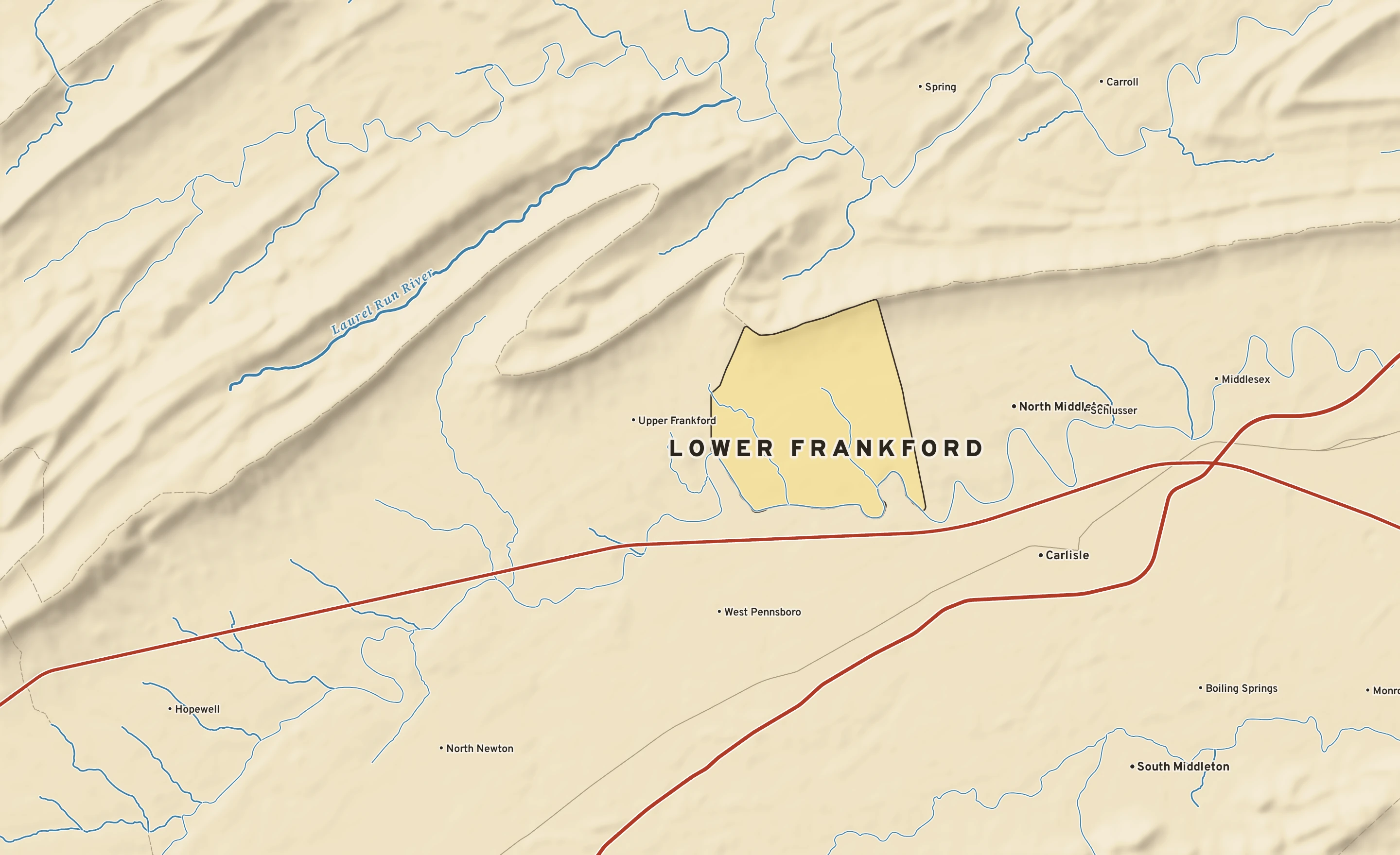 Shaded-relief atlas plate of Lower Frankford, Pennsylvania: rivers, roads, the city limits and where the water drains.