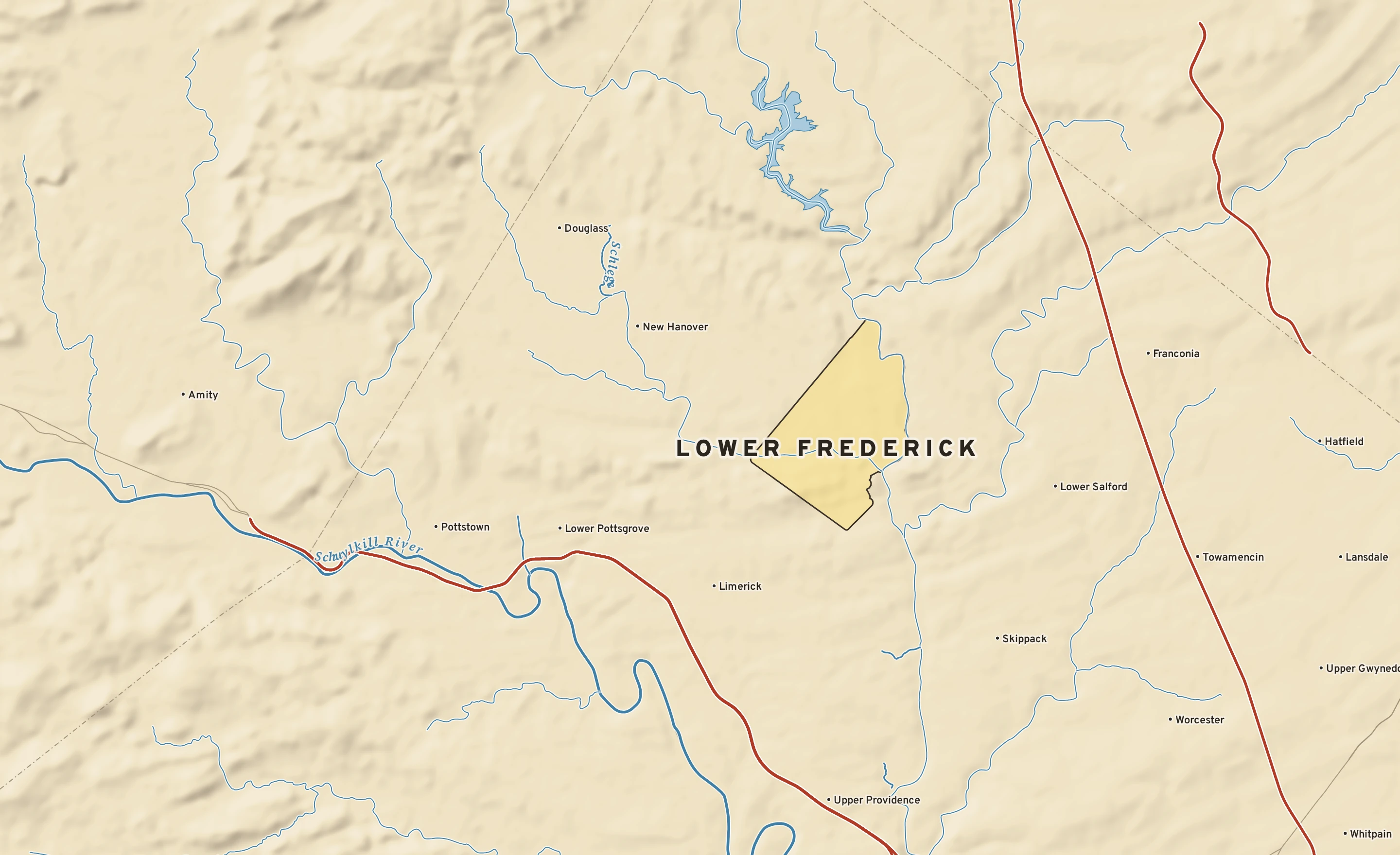 Shaded-relief atlas plate of Lower Frederick, Pennsylvania: rivers, roads, the city limits and where the water drains.