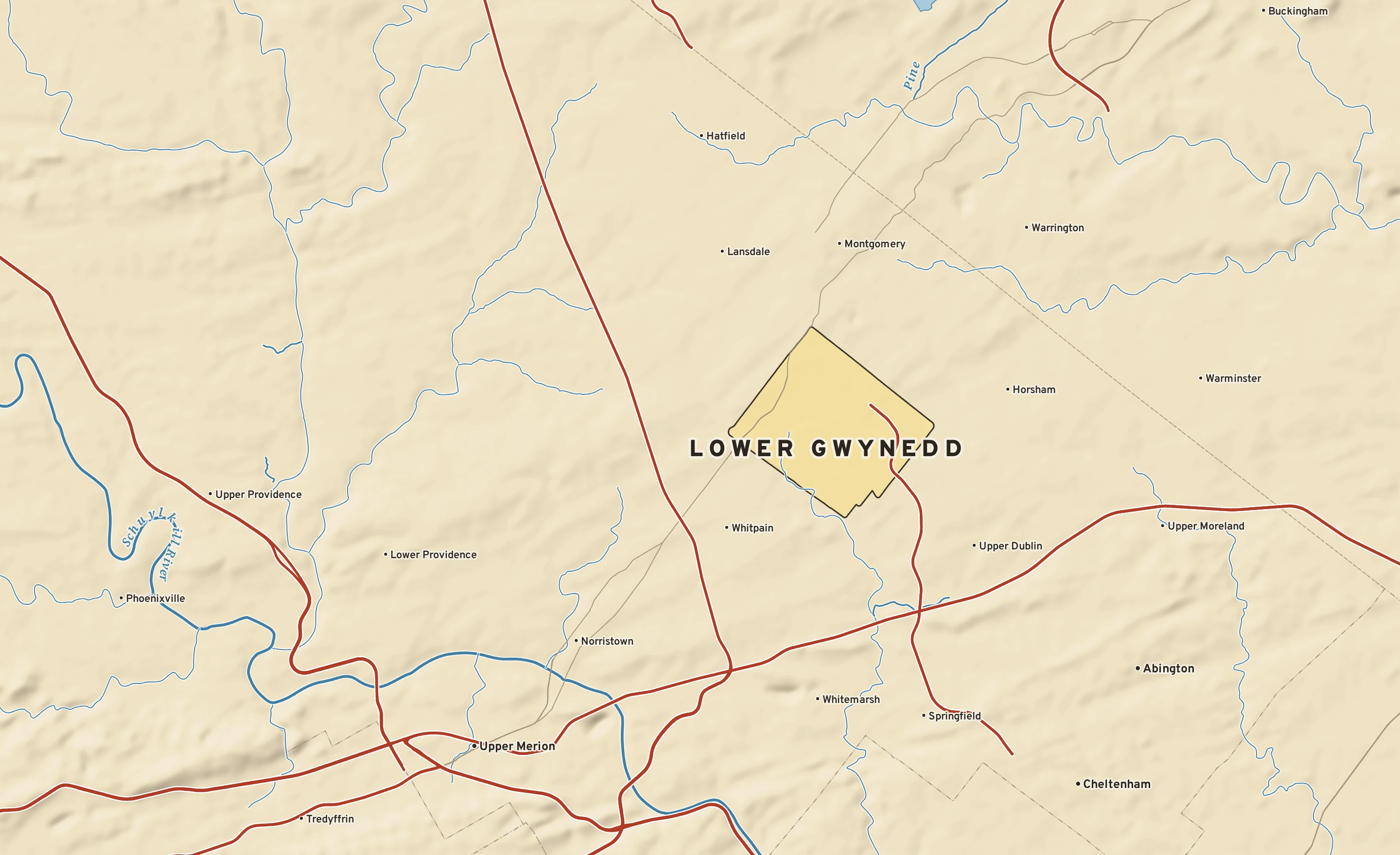 Shaded-relief atlas plate of Lower Gwynedd, Pennsylvania: rivers, roads, the city limits and where the water drains.