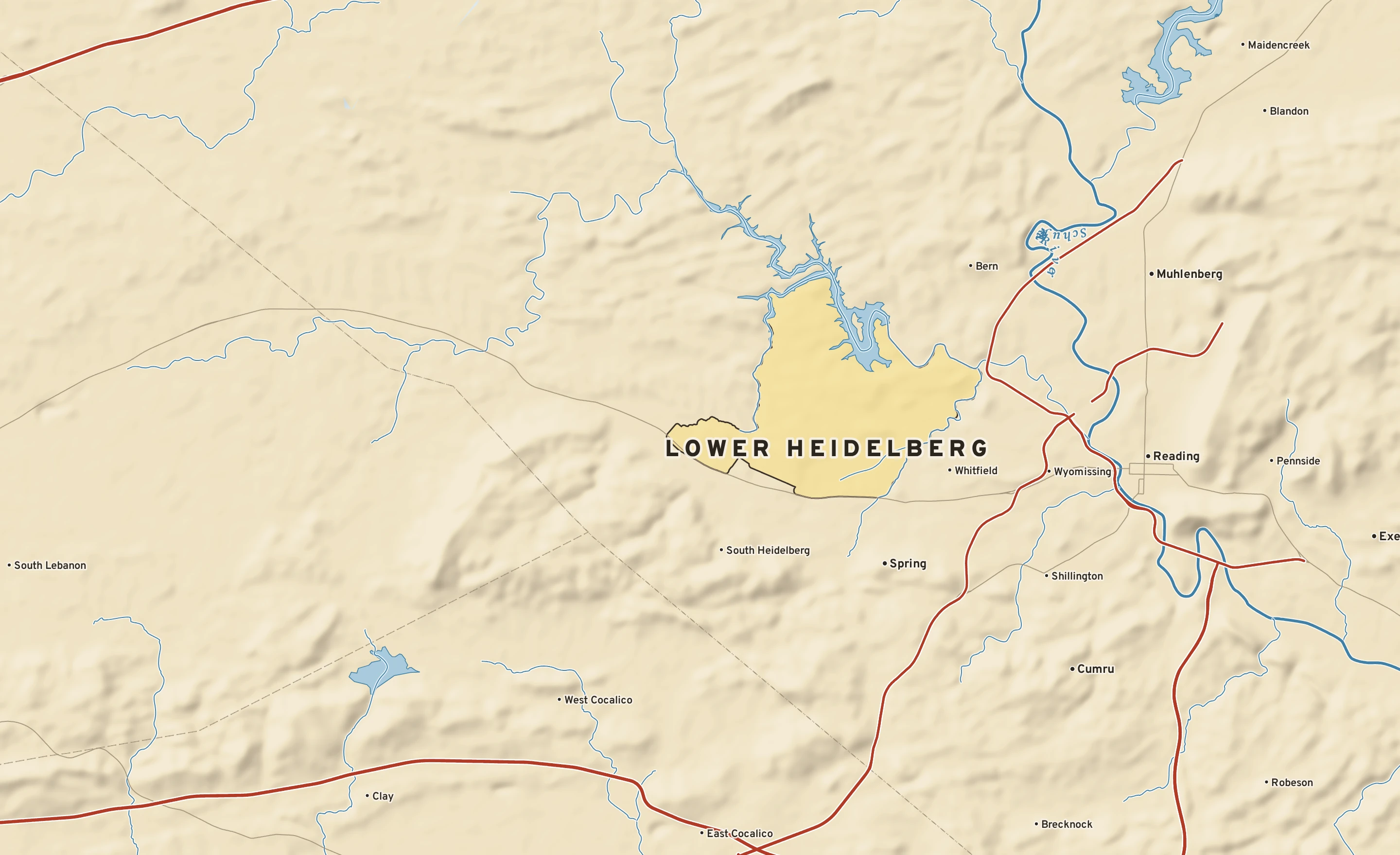 Shaded-relief atlas plate of Lower Heidelberg, Pennsylvania: rivers, roads, the city limits and where the water drains.