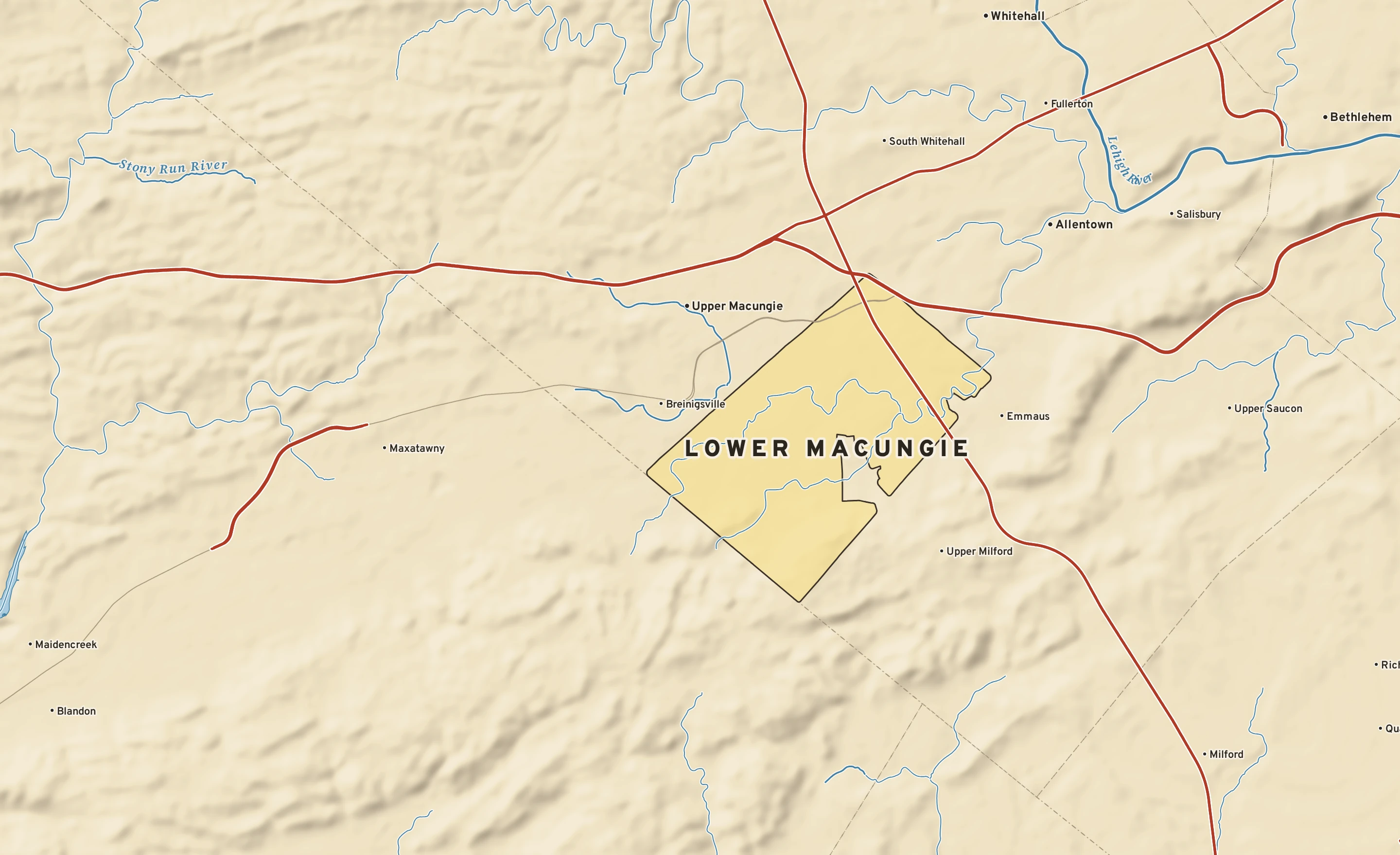 Shaded-relief atlas plate of Lower Macungie, Pennsylvania: rivers, roads, the city limits and where the water drains.