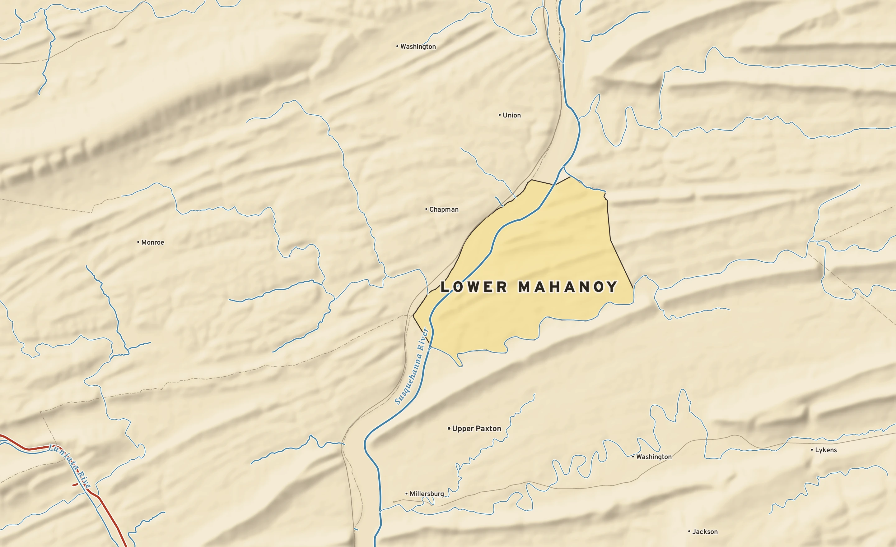 Shaded-relief atlas plate of Lower Mahanoy, Pennsylvania: rivers, roads, the city limits and where the water drains.