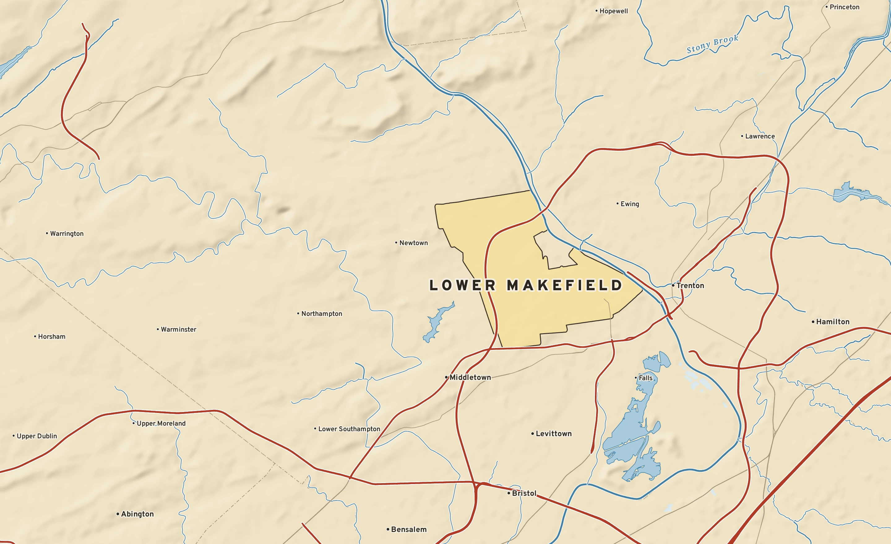 Shaded-relief atlas plate of Lower Makefield, Pennsylvania: rivers, roads, the city limits and where the water drains.
