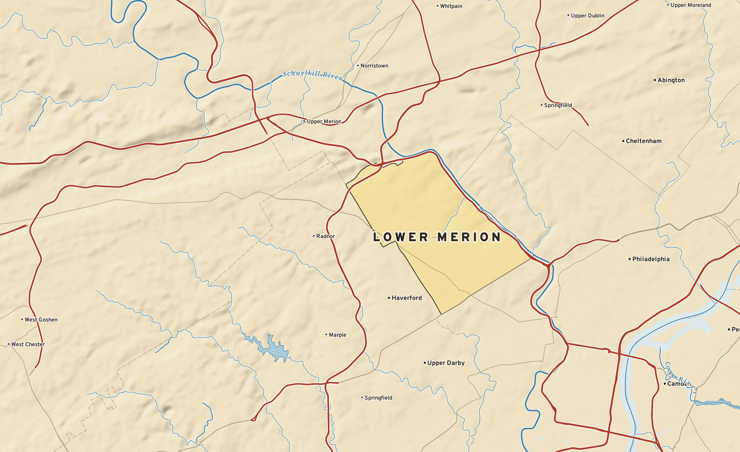 Shaded-relief atlas plate of Lower Merion, Pennsylvania: rivers, roads, the city limits and where the water drains.