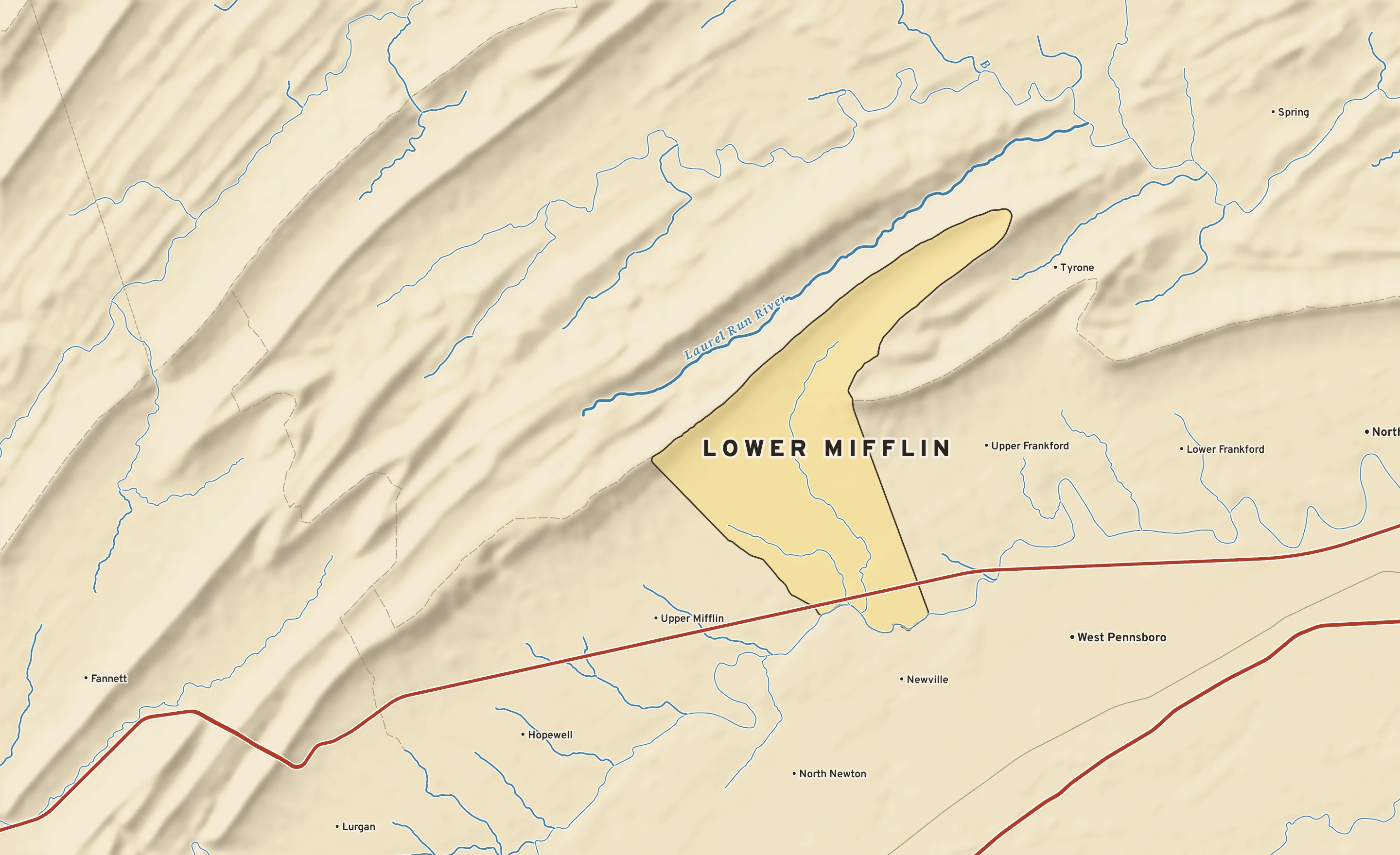 Shaded-relief atlas plate of Lower Mifflin, Pennsylvania: rivers, roads, the city limits and where the water drains.