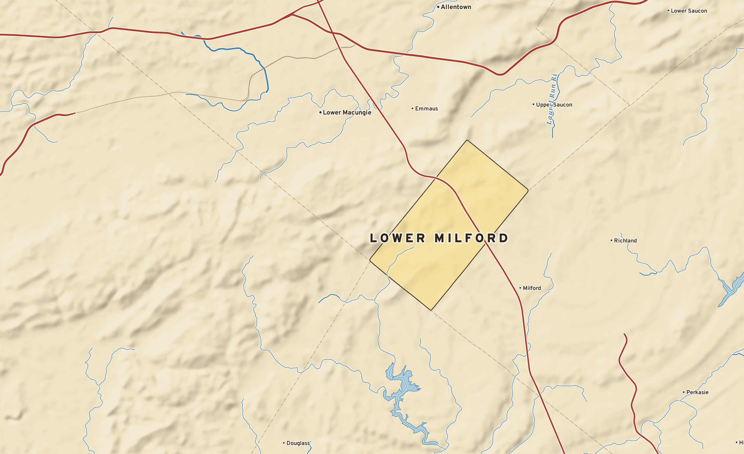 Shaded-relief atlas plate of Lower Milford, Pennsylvania: rivers, roads, the city limits and where the water drains.