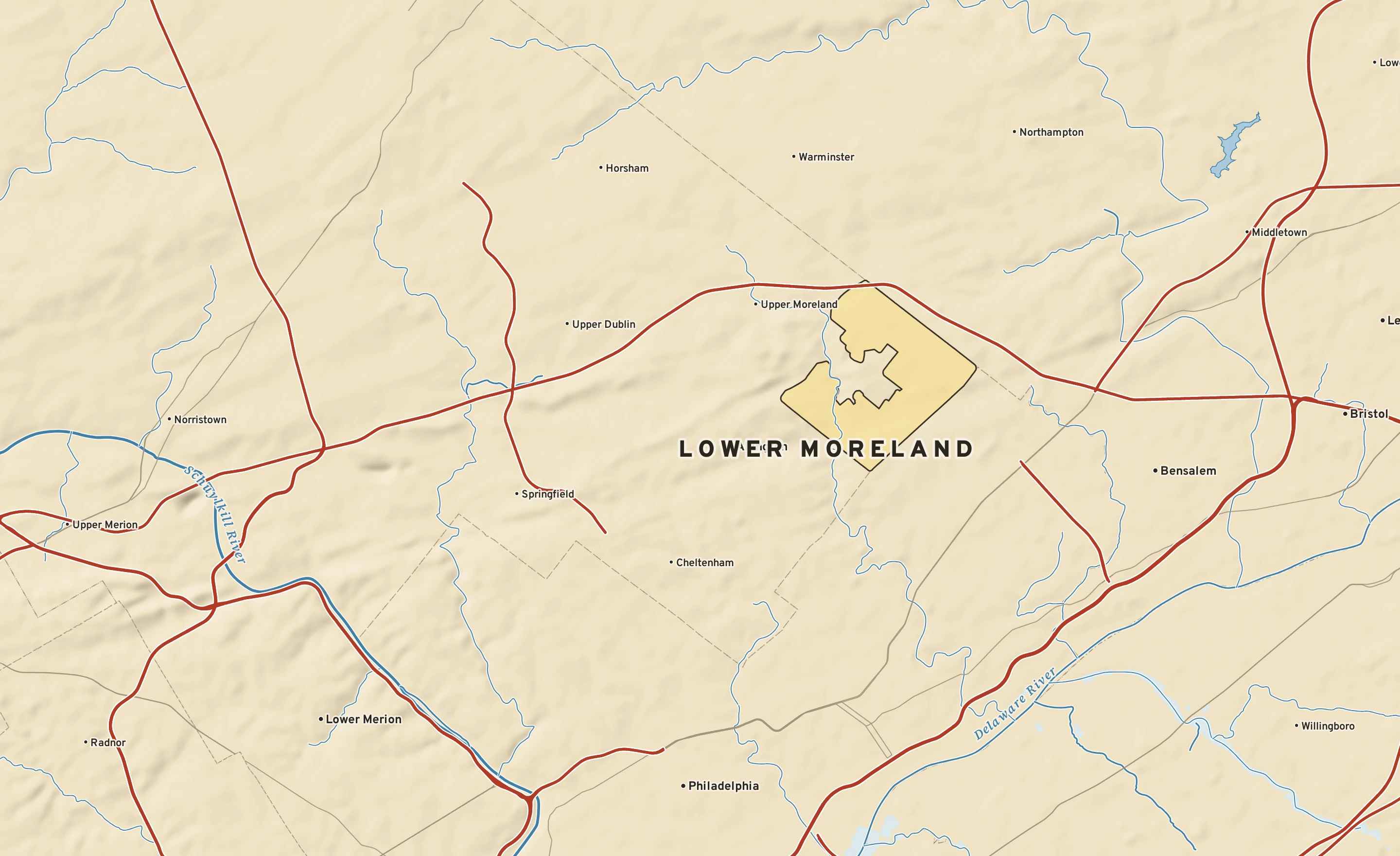 Shaded-relief atlas plate of Lower Moreland, Pennsylvania: rivers, roads, the city limits and where the water drains.