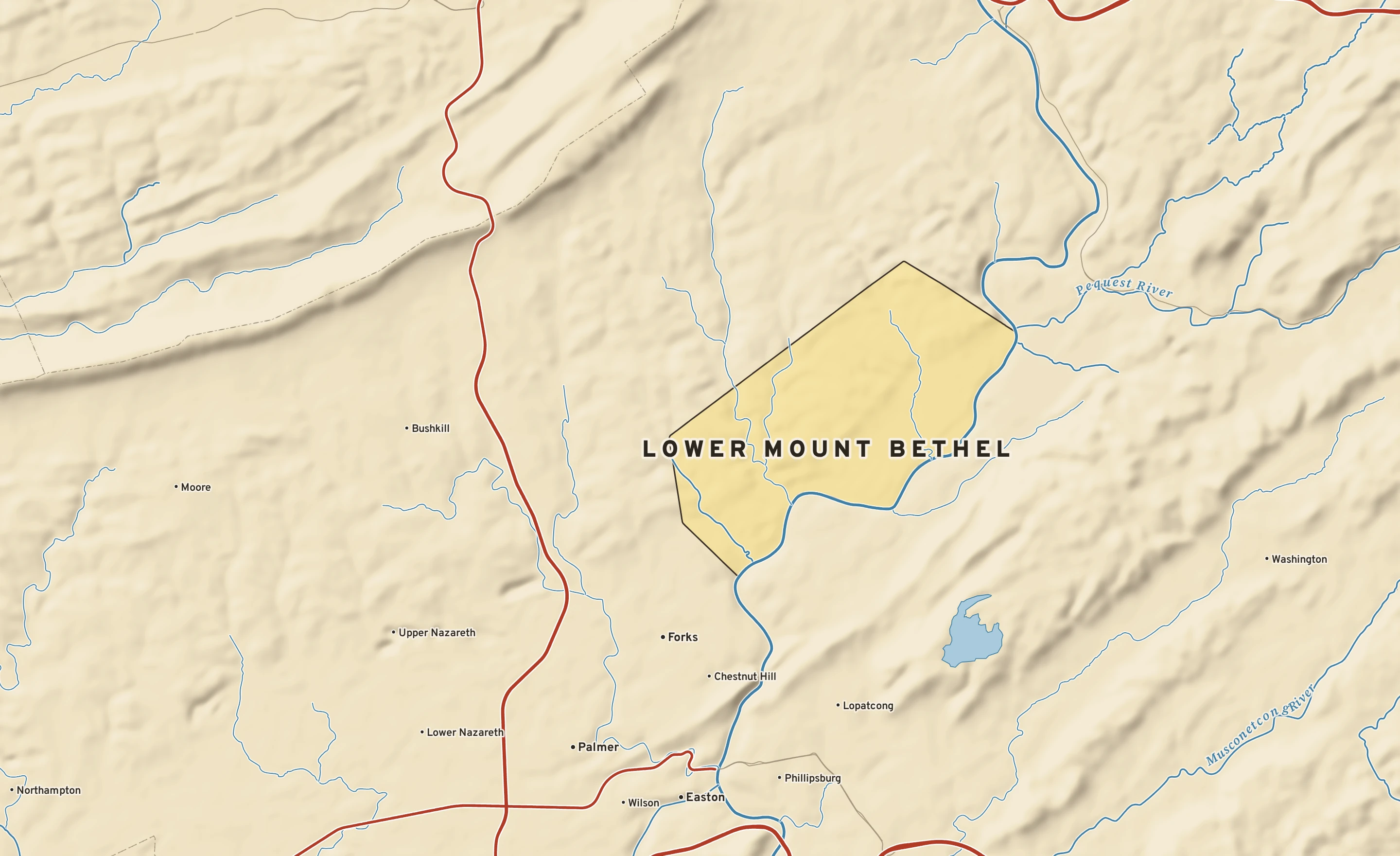Shaded-relief atlas plate of Lower Mount Bethel, Pennsylvania: rivers, roads, the city limits and where the water drains.