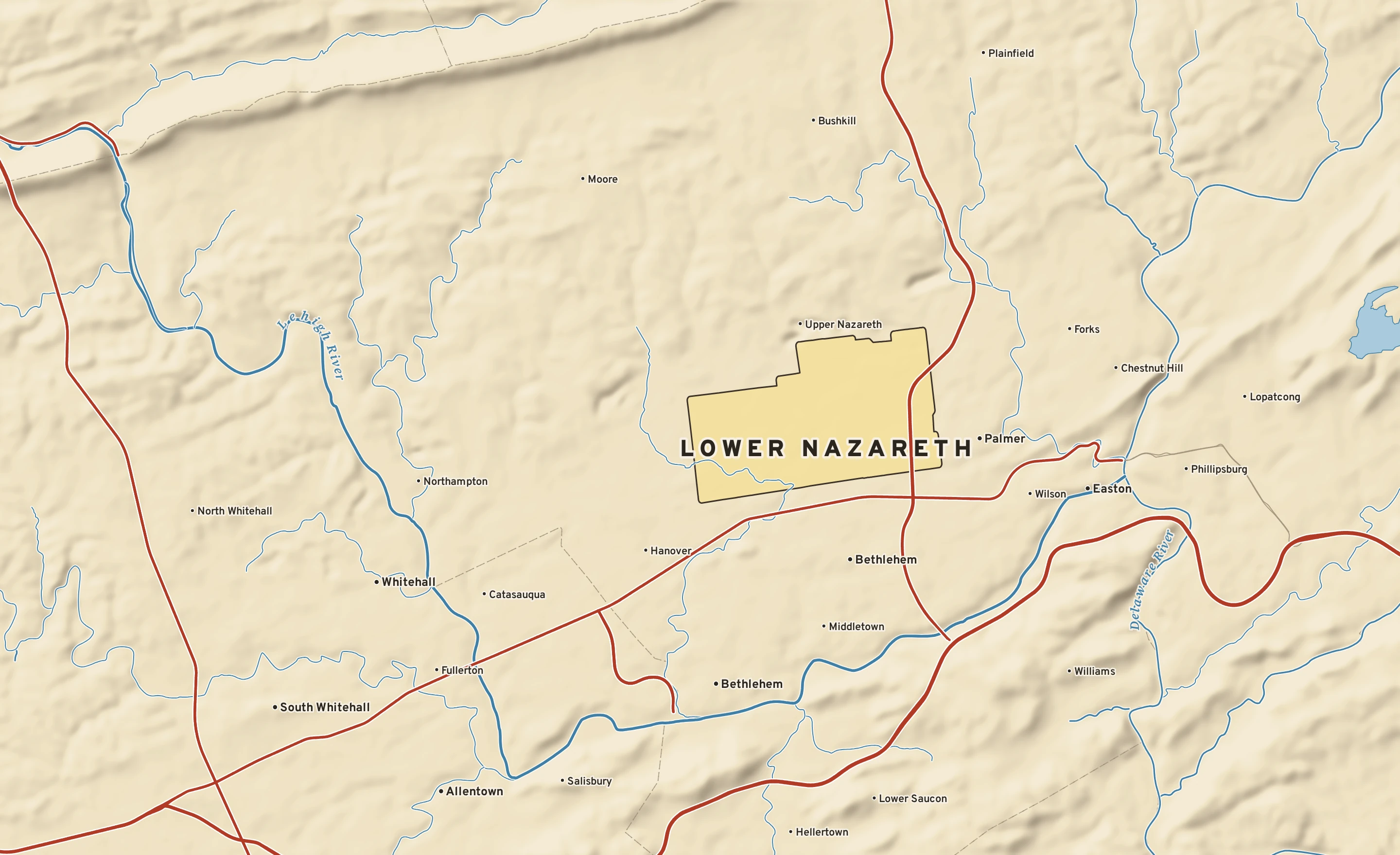 Shaded-relief atlas plate of Lower Nazareth, Pennsylvania: rivers, roads, the city limits and where the water drains.