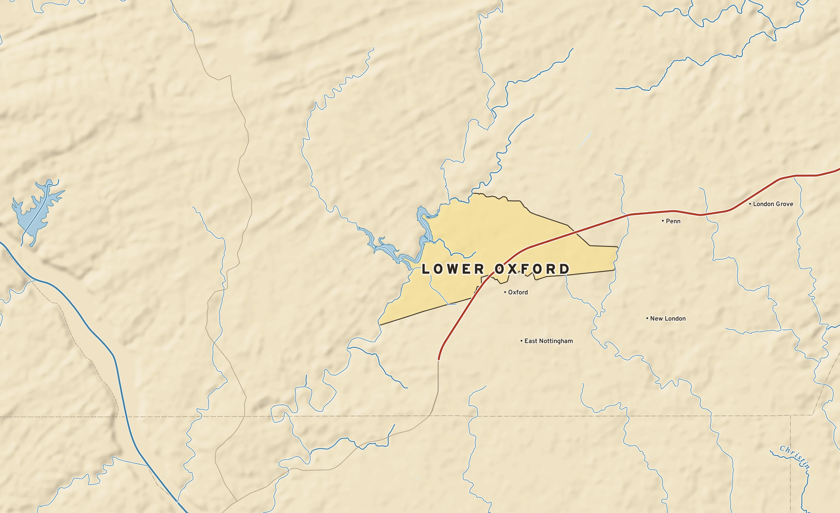 Shaded-relief atlas plate of Lower Oxford, Pennsylvania: rivers, roads, the city limits and where the water drains.