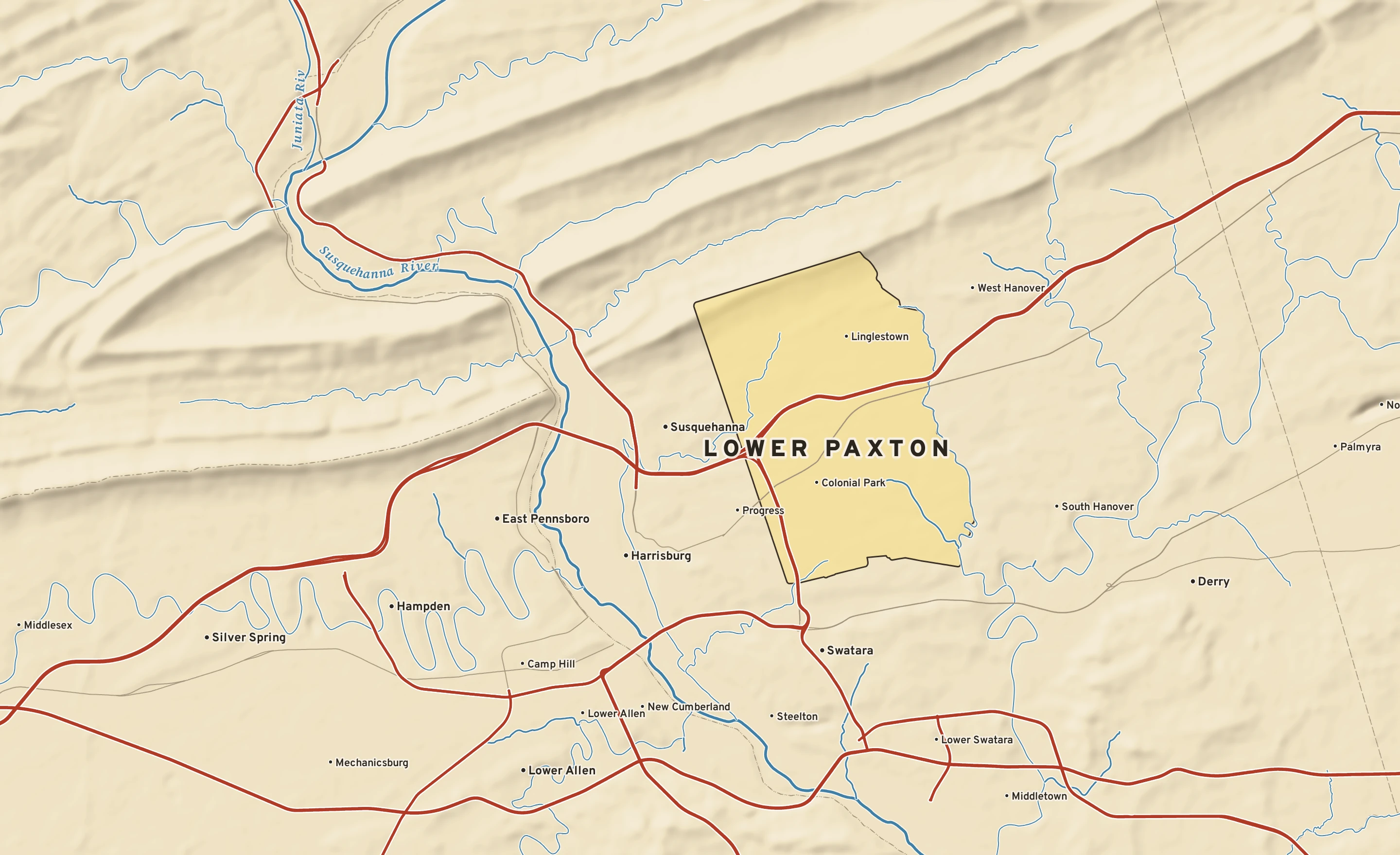 Shaded-relief atlas plate of Lower Paxton, Pennsylvania: rivers, roads, the city limits and where the water drains.