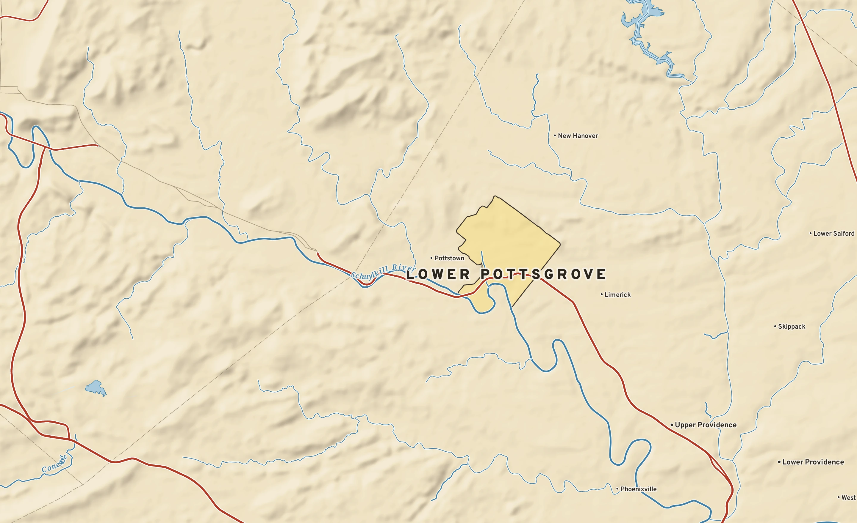 Shaded-relief atlas plate of Lower Pottsgrove, Pennsylvania: rivers, roads, the city limits and where the water drains.