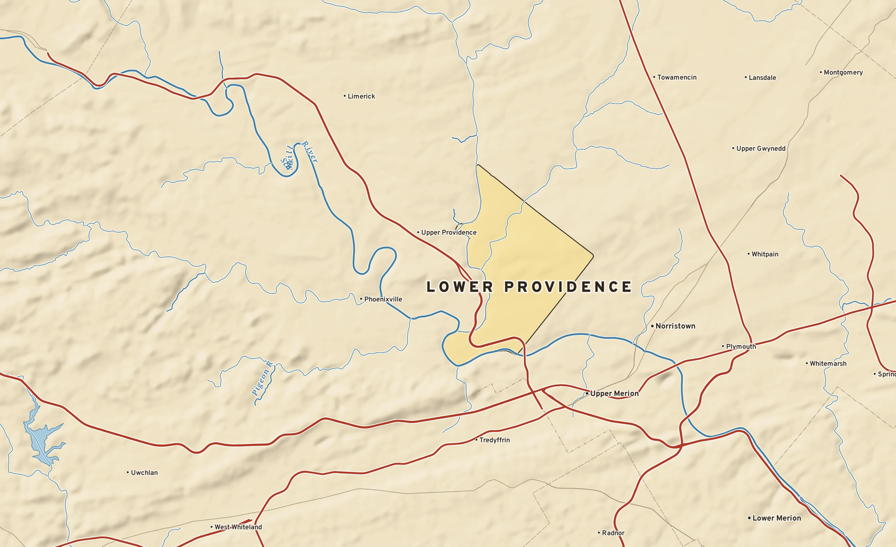 Shaded-relief atlas plate of Lower Providence, Pennsylvania: rivers, roads, the city limits and where the water drains.