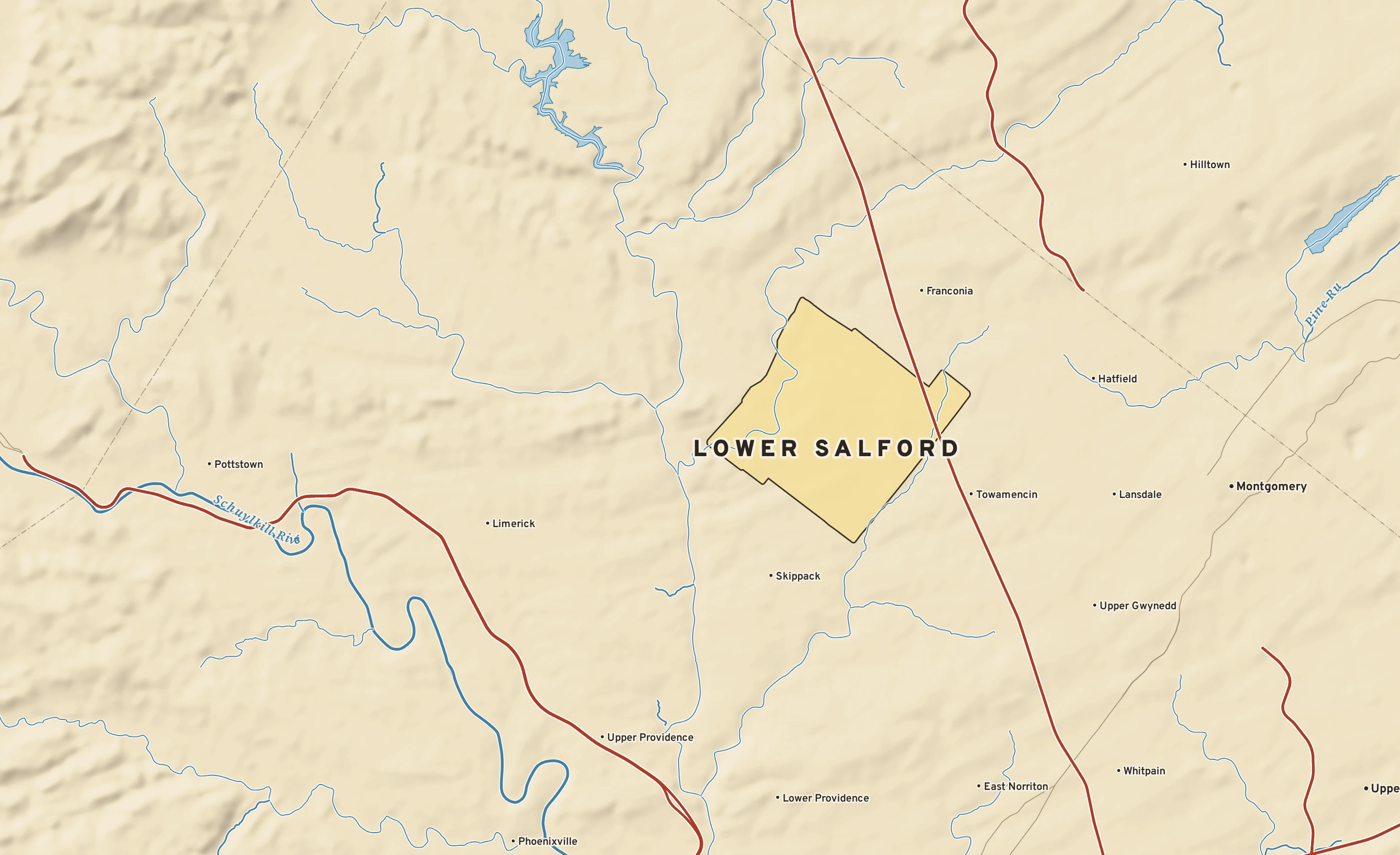 Shaded-relief atlas plate of Lower Salford, Pennsylvania: rivers, roads, the city limits and where the water drains.