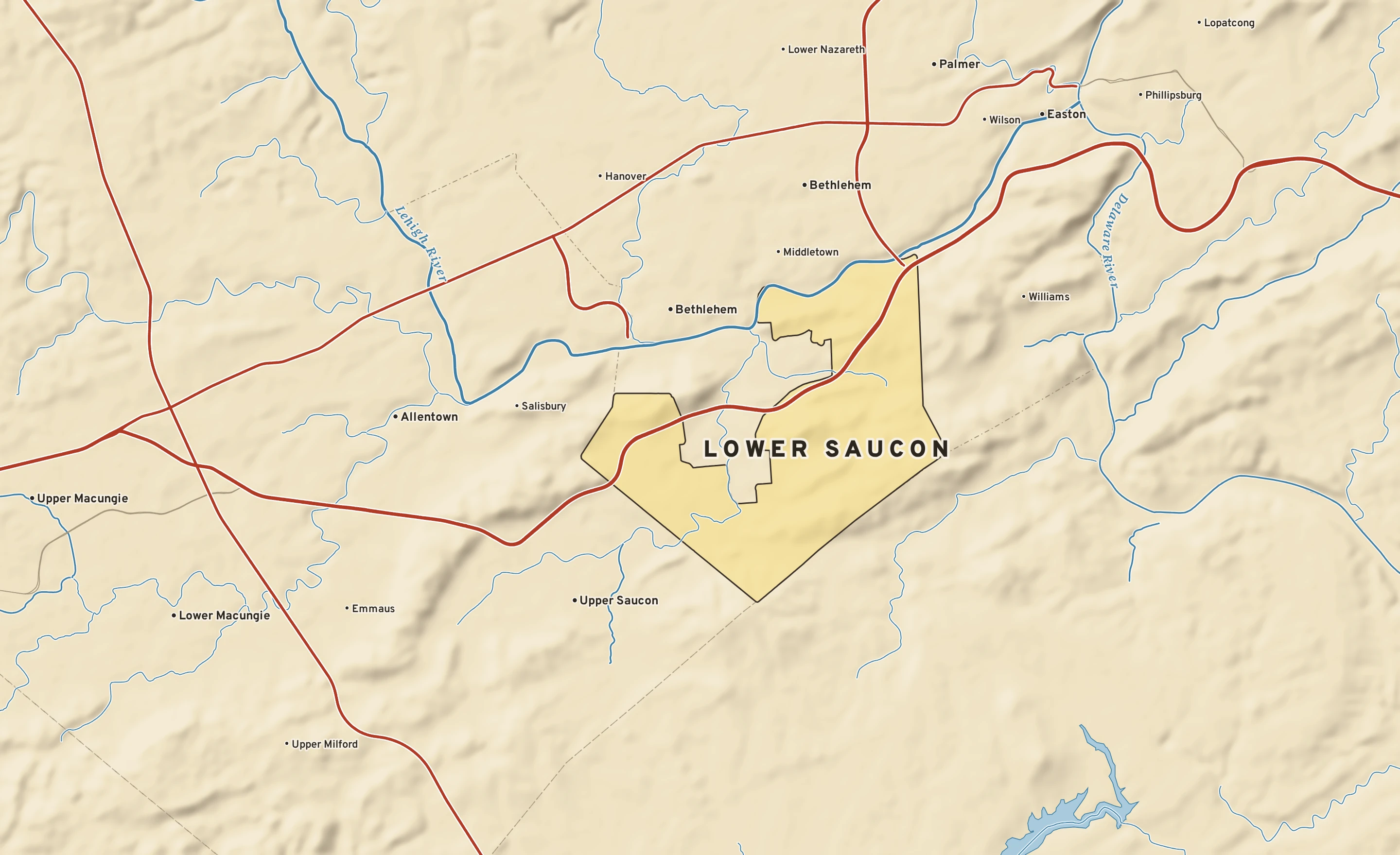 Shaded-relief atlas plate of Lower Saucon, Pennsylvania: rivers, roads, the city limits and where the water drains.