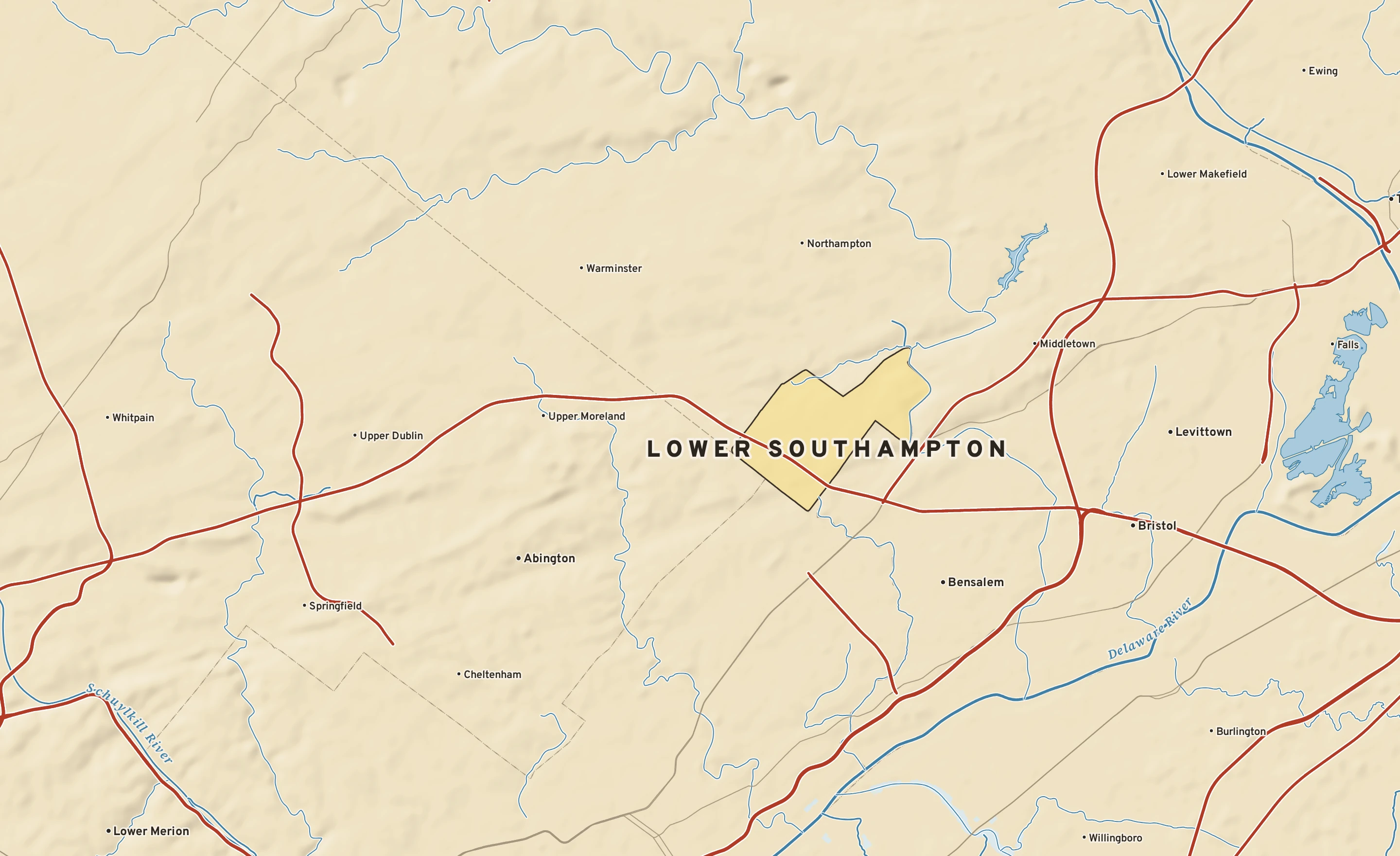 Shaded-relief atlas plate of Lower Southampton, Pennsylvania: rivers, roads, the city limits and where the water drains.