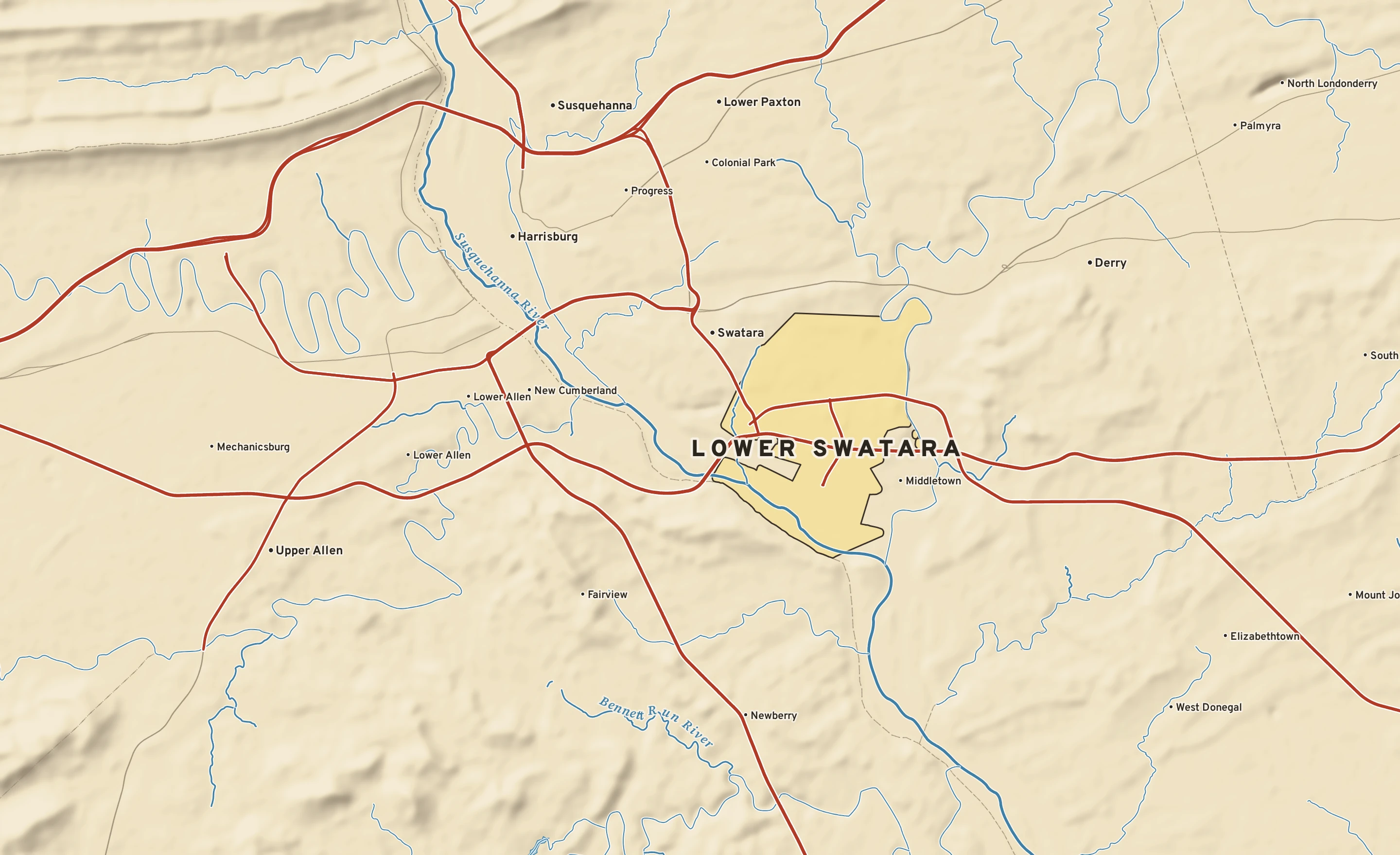 Shaded-relief atlas plate of Lower Swatara, Pennsylvania: rivers, roads, the city limits and where the water drains.