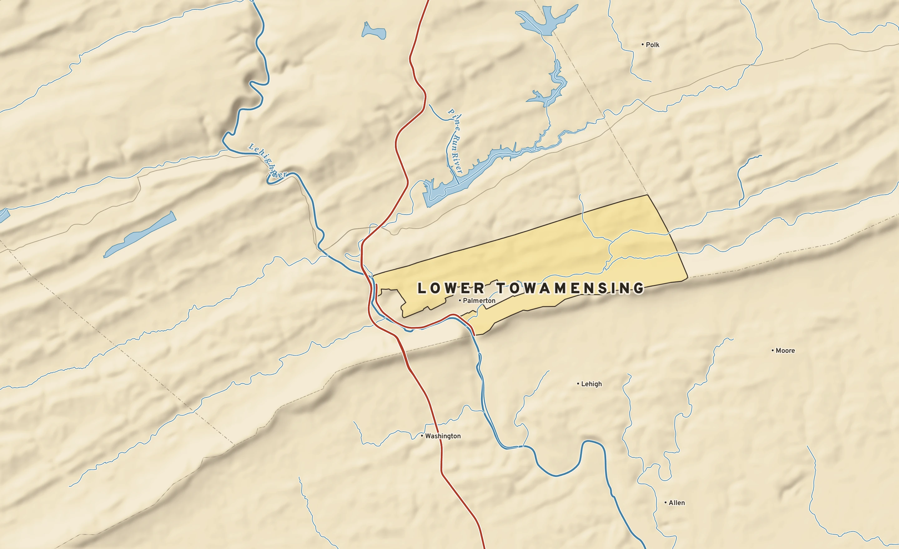 Shaded-relief atlas plate of Lower Towamensing, Pennsylvania: rivers, roads, the city limits and where the water drains.