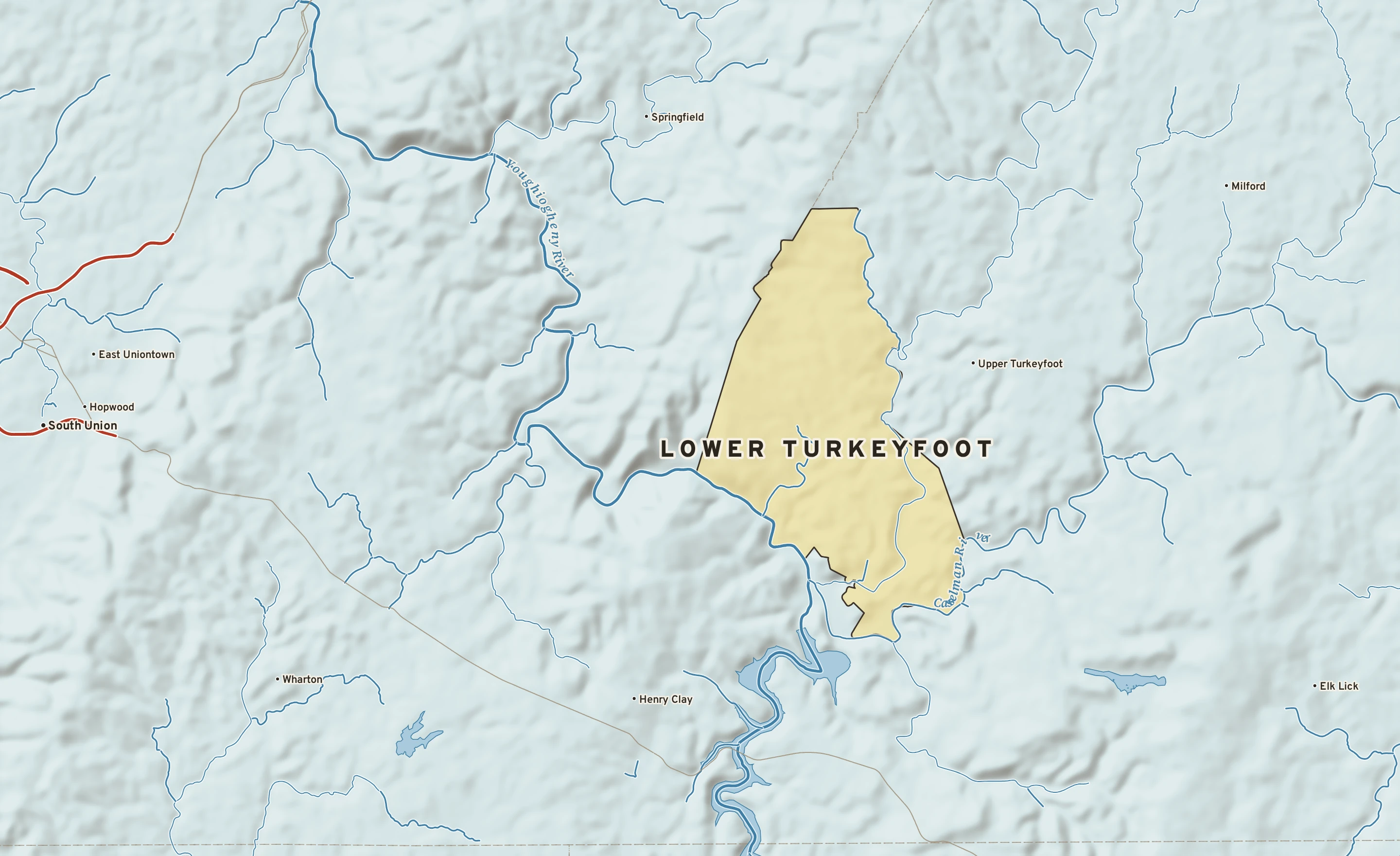Shaded-relief atlas plate of Lower Turkeyfoot, Pennsylvania: rivers, roads, the city limits and where the water drains.