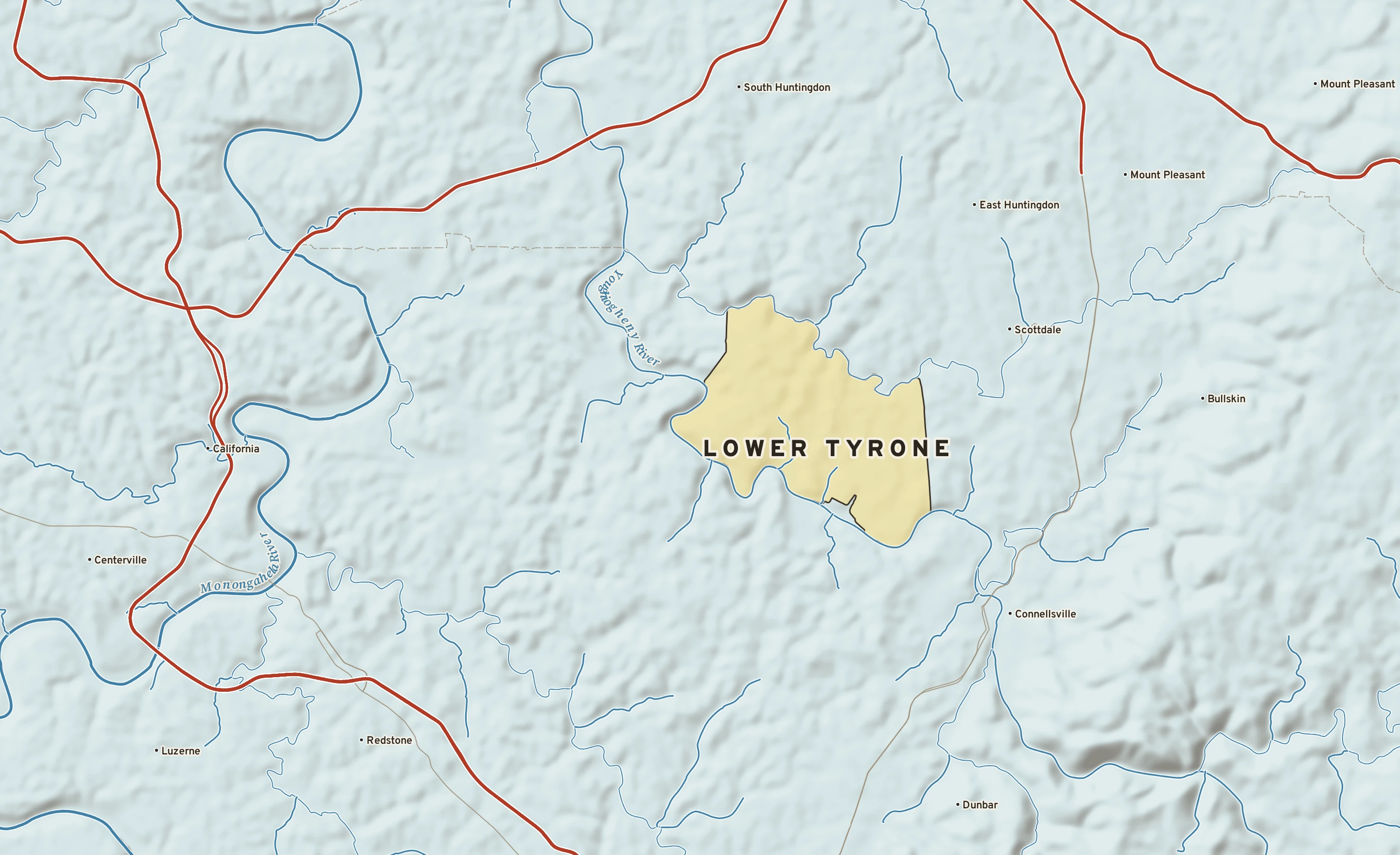 Shaded-relief atlas plate of Lower Tyrone, Pennsylvania: rivers, roads, the city limits and where the water drains.