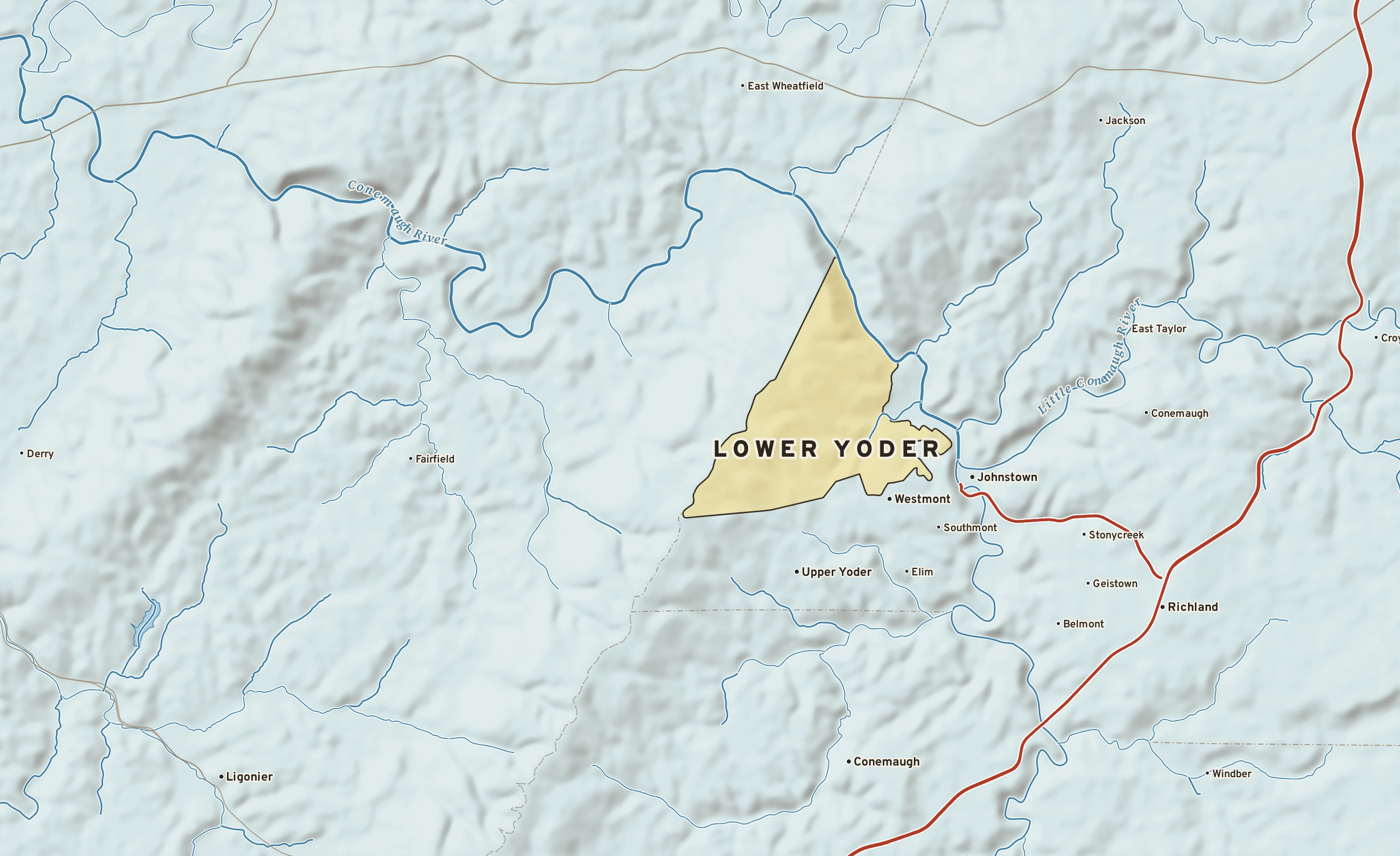 Shaded-relief atlas plate of Lower Yoder, Pennsylvania: rivers, roads, the city limits and where the water drains.
