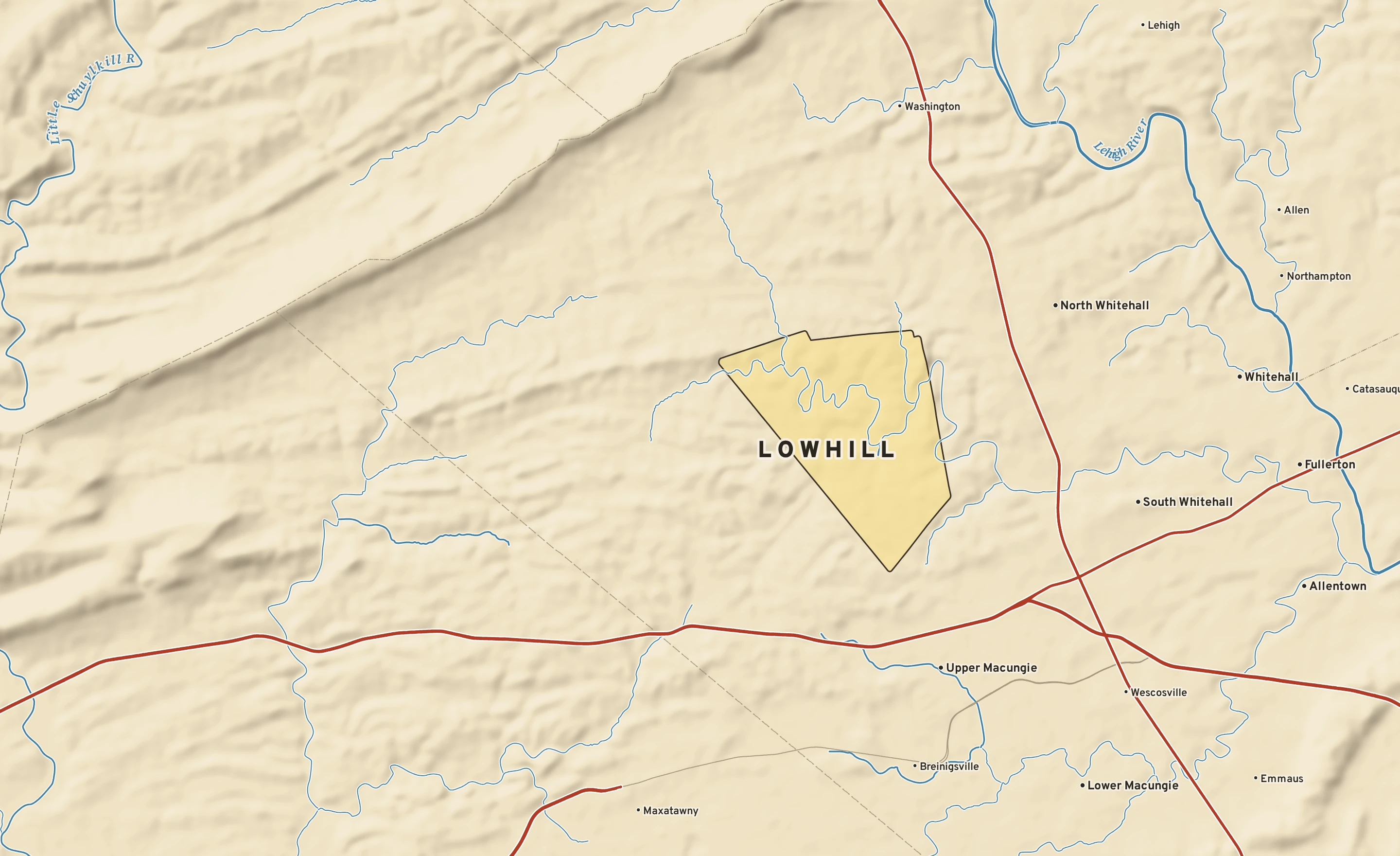 Shaded-relief atlas plate of Lowhill, Pennsylvania: rivers, roads, the city limits and where the water drains.
