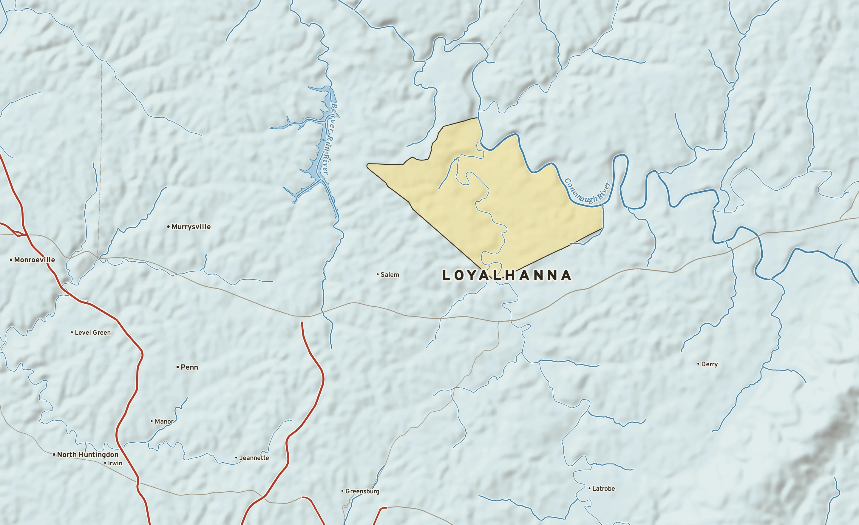 Shaded-relief atlas plate of Loyalhanna, Pennsylvania: rivers, roads, the city limits and where the water drains.
